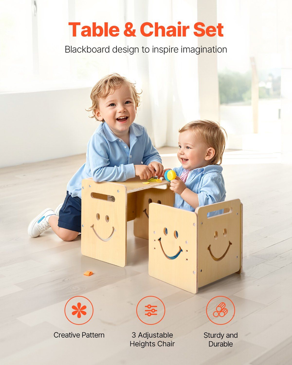 Montessori Weaning Table and Chair Set, 3 In 1 Wooden Toddler Table and Chairs with Chalkboard, Adjustable Height Montessori Table for Ages 1-5, Ideal for Drawing, Reading, Eating - Natural - Image 2