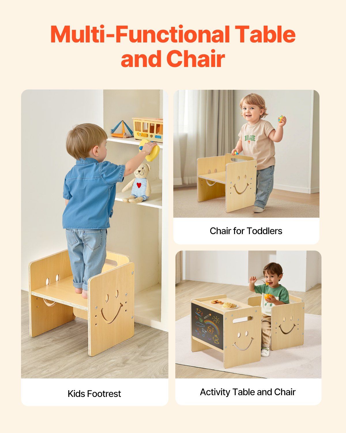 Montessori Weaning Table and Chair Set, 3 In 1 Wooden Toddler Table and Chairs with Chalkboard, Adjustable Height Montessori Table for Ages 1-5, Ideal for Drawing, Reading, Eating - Natural - Image 6