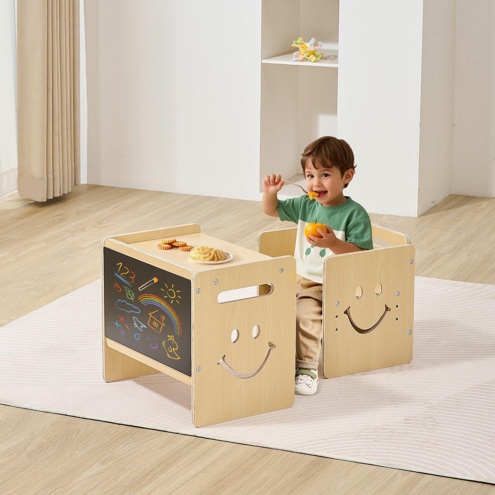 Montessori Weaning Table and Chair Set, 3 In 1 Wooden Toddler Table and Chairs with Chalkboard, Adjustable Height Montessori Table for Ages 1-5, Ideal for Drawing, Reading, Eating - Natural - Image 8