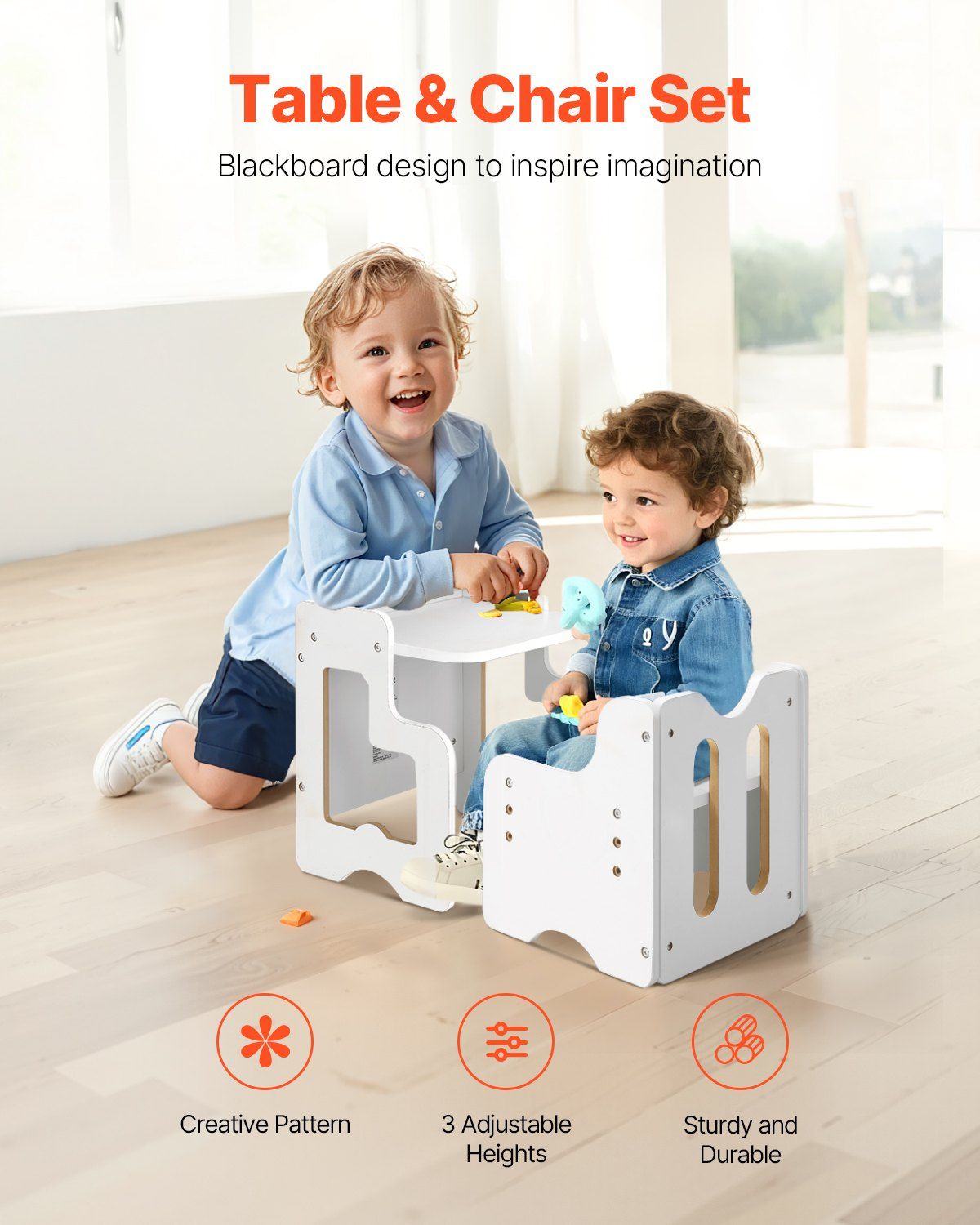Montessori Weaning Table and Chair Set, 3 In 1 Wooden Toddler Table and Chairs with Chalkboard, Adjustable Height Montessori Table for Ages 1-5, Ideal for Drawing, Reading, Eating - White - Image 2