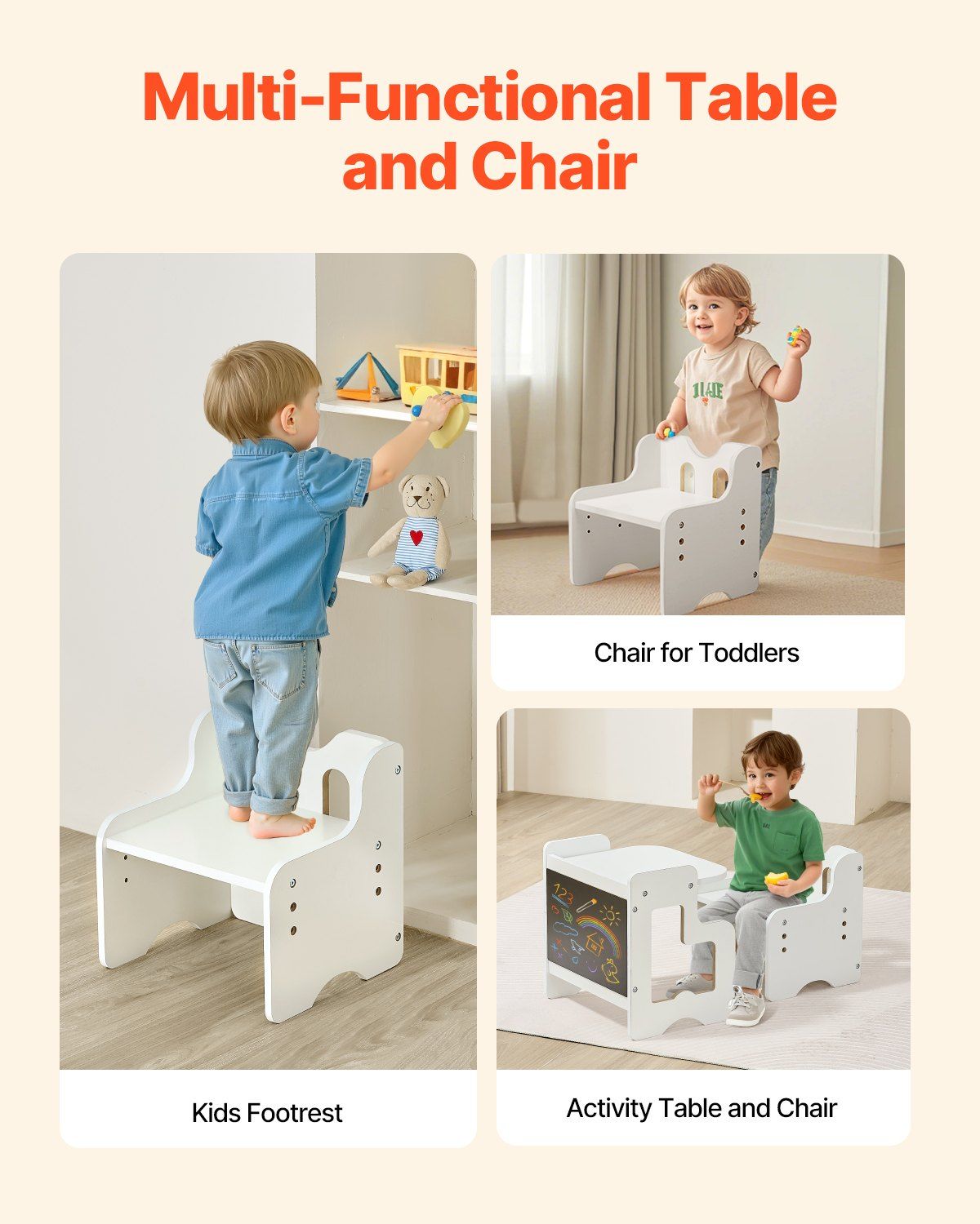 Montessori Weaning Table and Chair Set, 3 In 1 Wooden Toddler Table and Chairs with Chalkboard, Adjustable Height Montessori Table for Ages 1-5, Ideal for Drawing, Reading, Eating - White - Image 6
