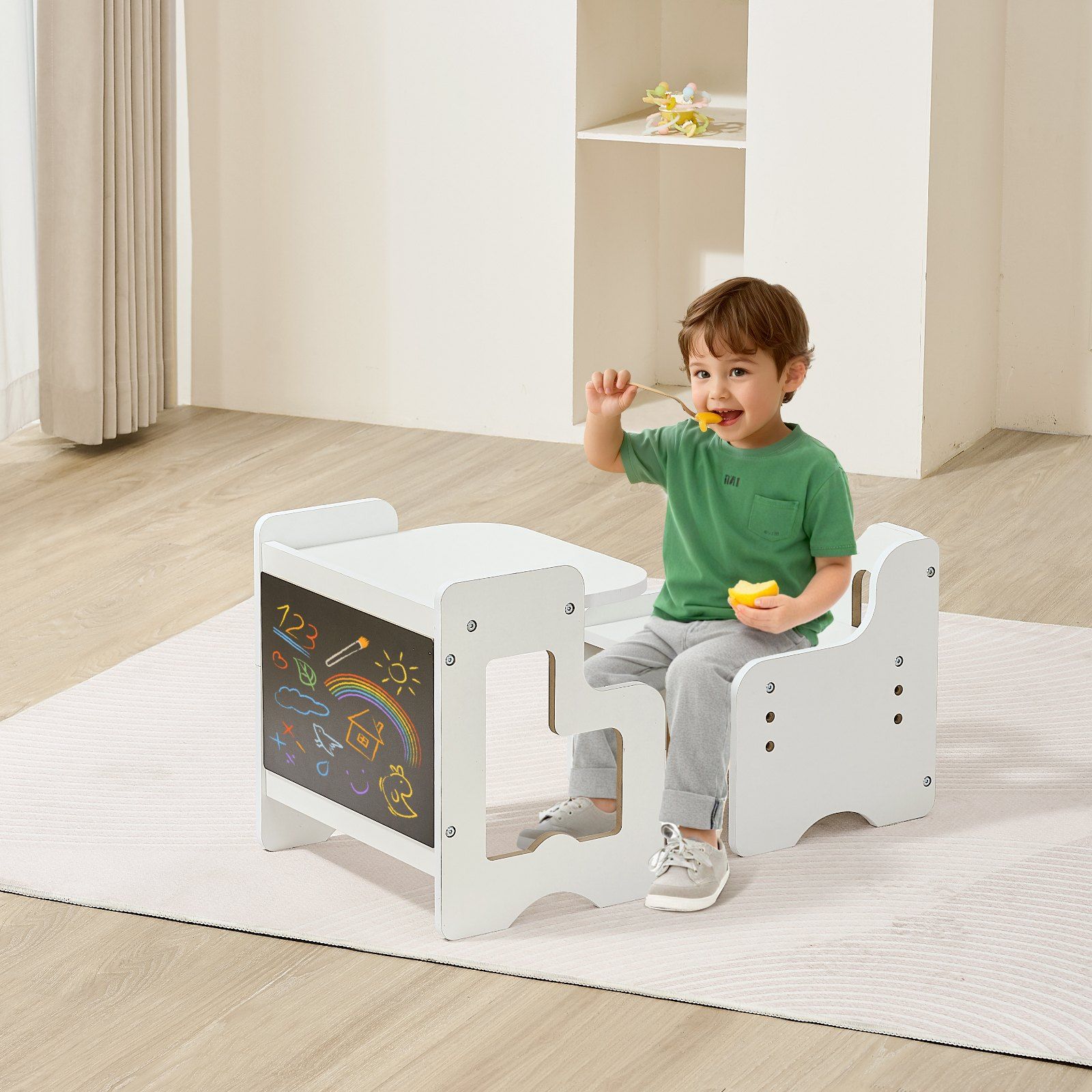 Montessori Weaning Table and Chair Set, 3 In 1 Wooden Toddler Table and Chairs with Chalkboard, Adjustable Height Montessori Table for Ages 1-5, Ideal for Drawing, Reading, Eating - White - Image 8