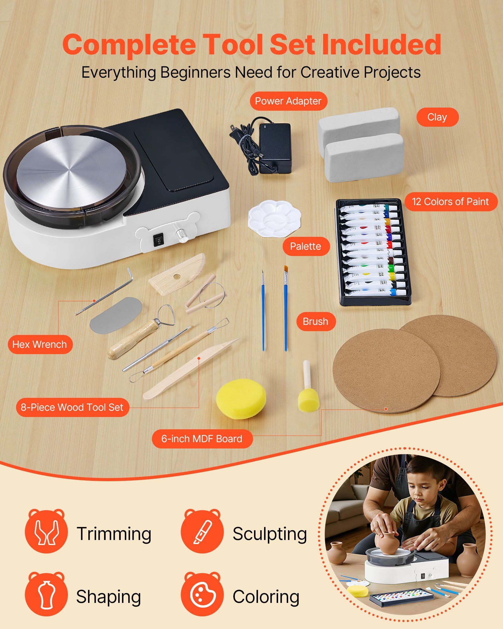 Mini Pottery Wheel, 158 mm Turntable, Forward and Reverse Rotation, Adjustable Speed, Electric Clay Wheel for Kids and Adults, with Clay Shaping Tools, for Home DIY, Pottery Classes, White - Image 4