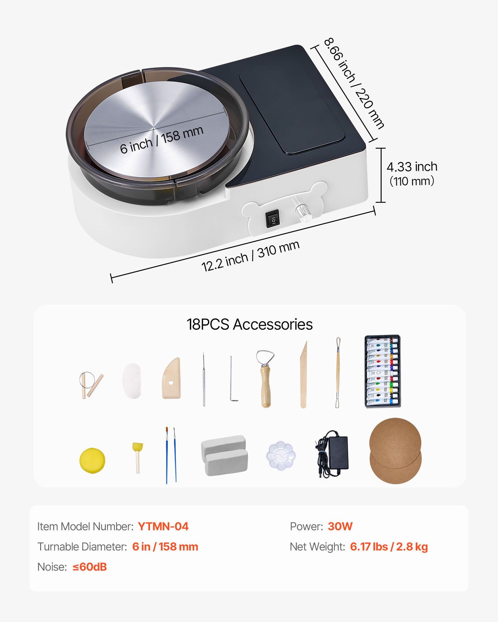 Mini Pottery Wheel, 158 mm Turntable, Forward and Reverse Rotation, Adjustable Speed, Electric Clay Wheel for Kids and Adults, with Clay Shaping Tools, for Home DIY, Pottery Classes, White - Image 7