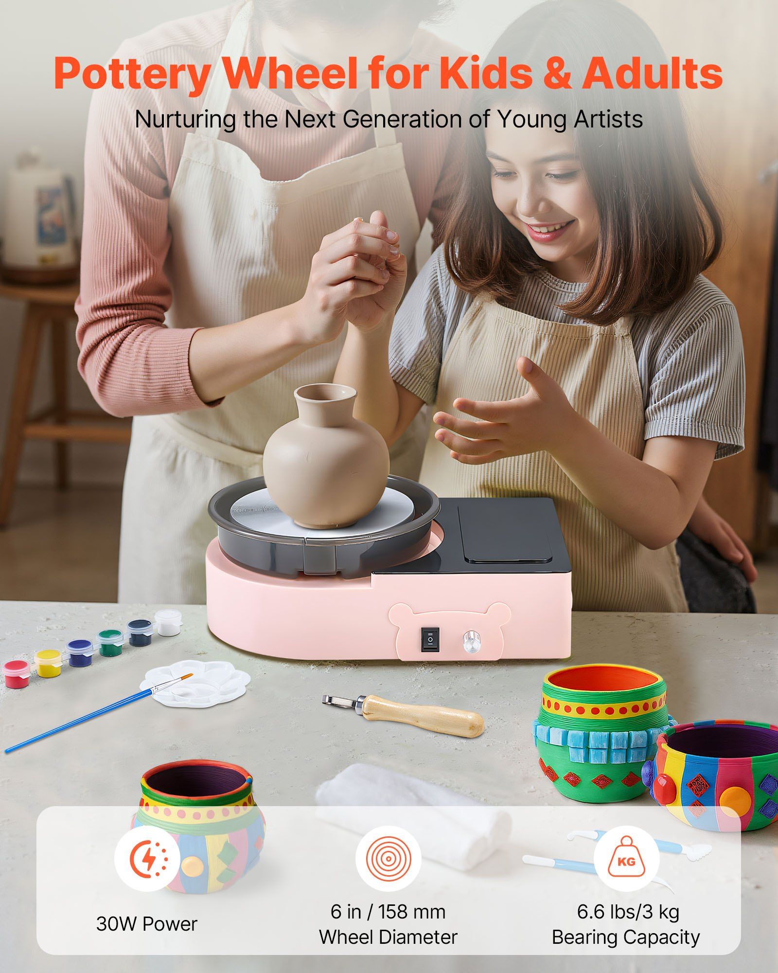 Mini Pottery Wheel, 158 mm Turntable, Forward and Reverse Rotation, Adjustable Speed, Electric Clay Wheel for Kids and Adults, with Clay Shaping Tools, for Home DIY, Pottery Classes, Pink - Image 2
