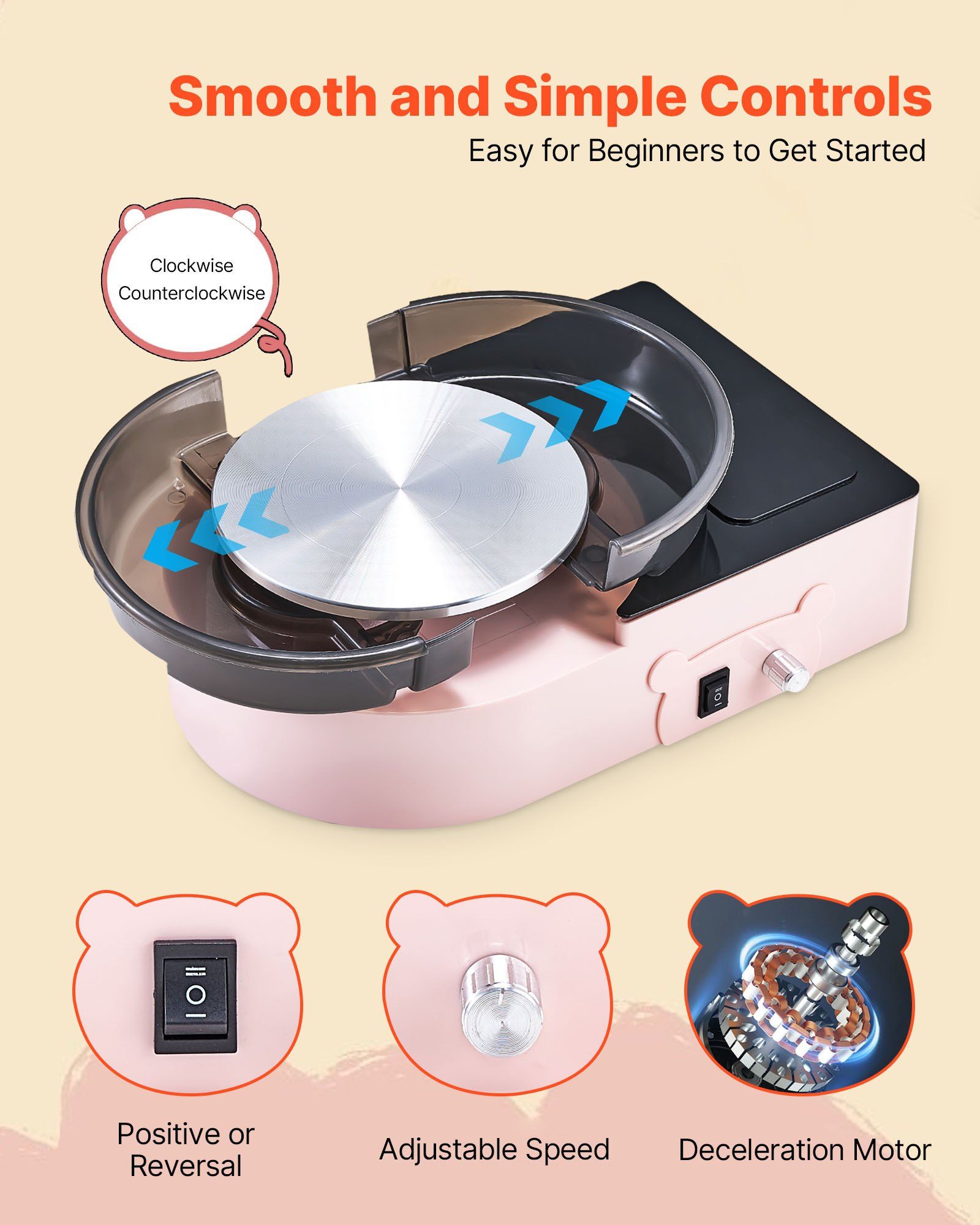 Mini Pottery Wheel, 158 mm Turntable, Forward and Reverse Rotation, Adjustable Speed, Electric Clay Wheel for Kids and Adults, with Clay Shaping Tools, for Home DIY, Pottery Classes, Pink - Image 3