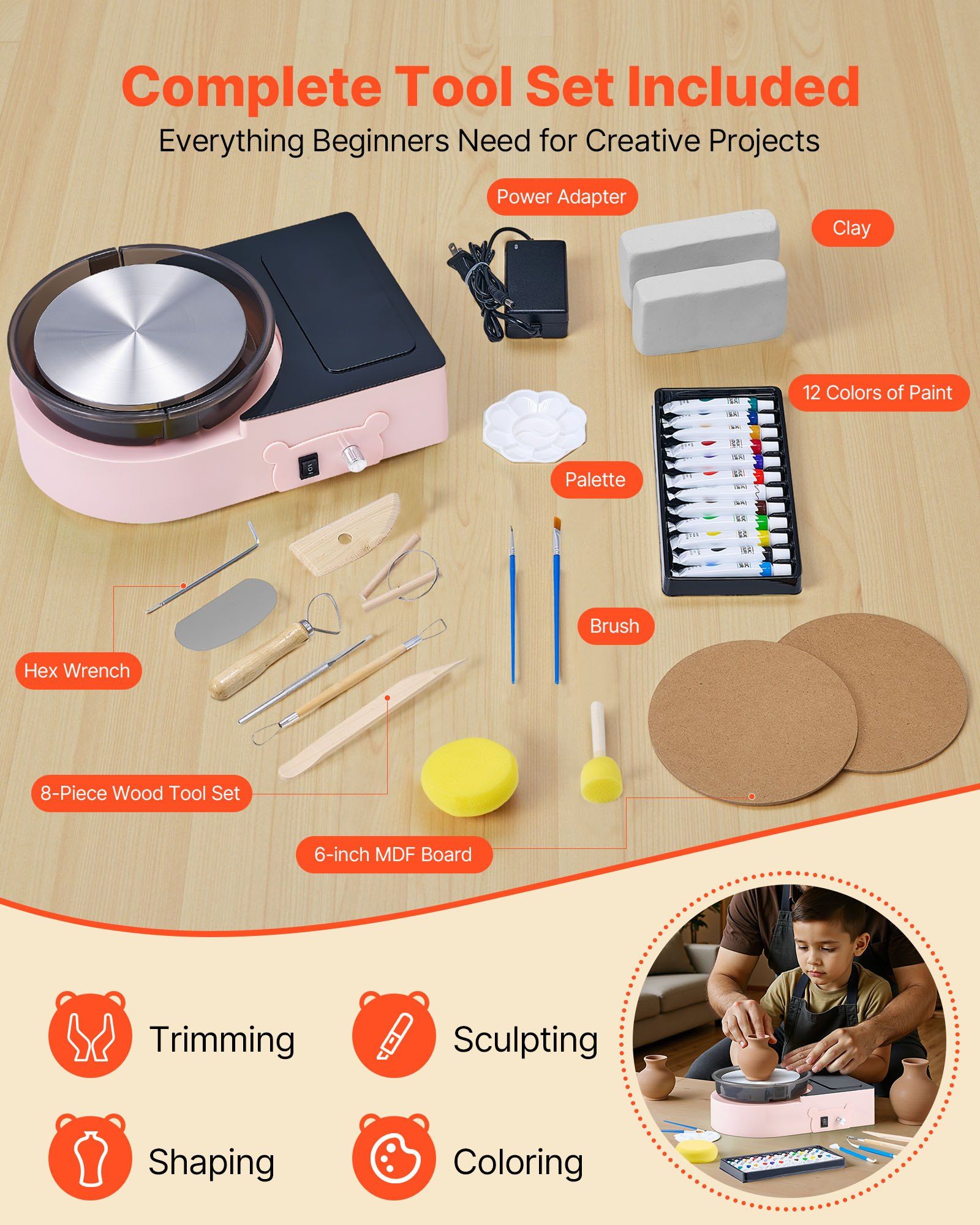 Mini Pottery Wheel, 158 mm Turntable, Forward and Reverse Rotation, Adjustable Speed, Electric Clay Wheel for Kids and Adults, with Clay Shaping Tools, for Home DIY, Pottery Classes, Pink - Image 4
