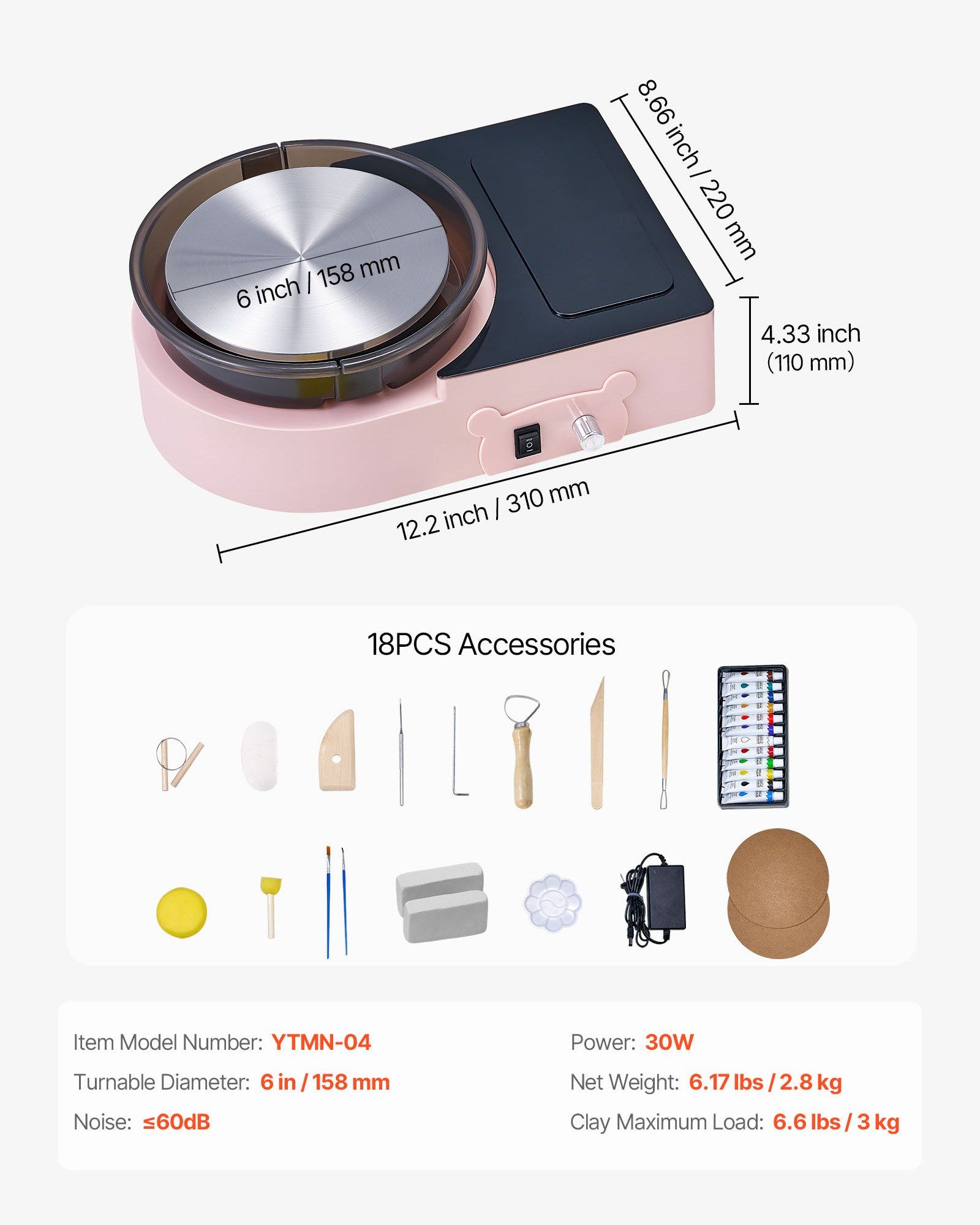 Mini Pottery Wheel, 158 mm Turntable, Forward and Reverse Rotation, Adjustable Speed, Electric Clay Wheel for Kids and Adults, with Clay Shaping Tools, for Home DIY, Pottery Classes, Pink - Image 7