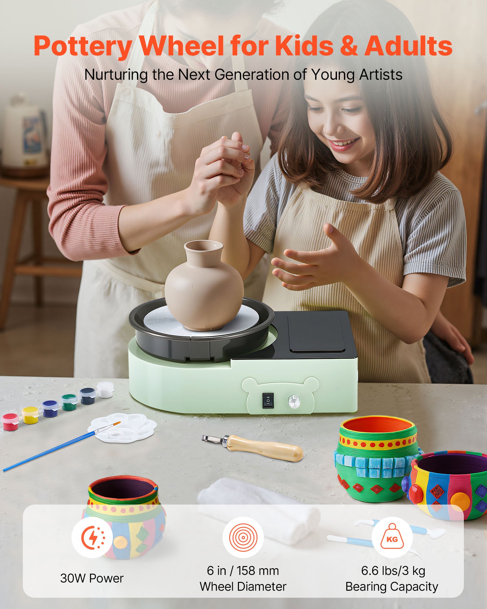 Mini Pottery Wheel, 158 mm Turntable, Forward and Reverse Rotation, Adjustable Speed, Electric Clay Wheel for Kids and Adults, with Clay Shaping Tools, for Home DIY, Pottery Classes, Green - Image 2