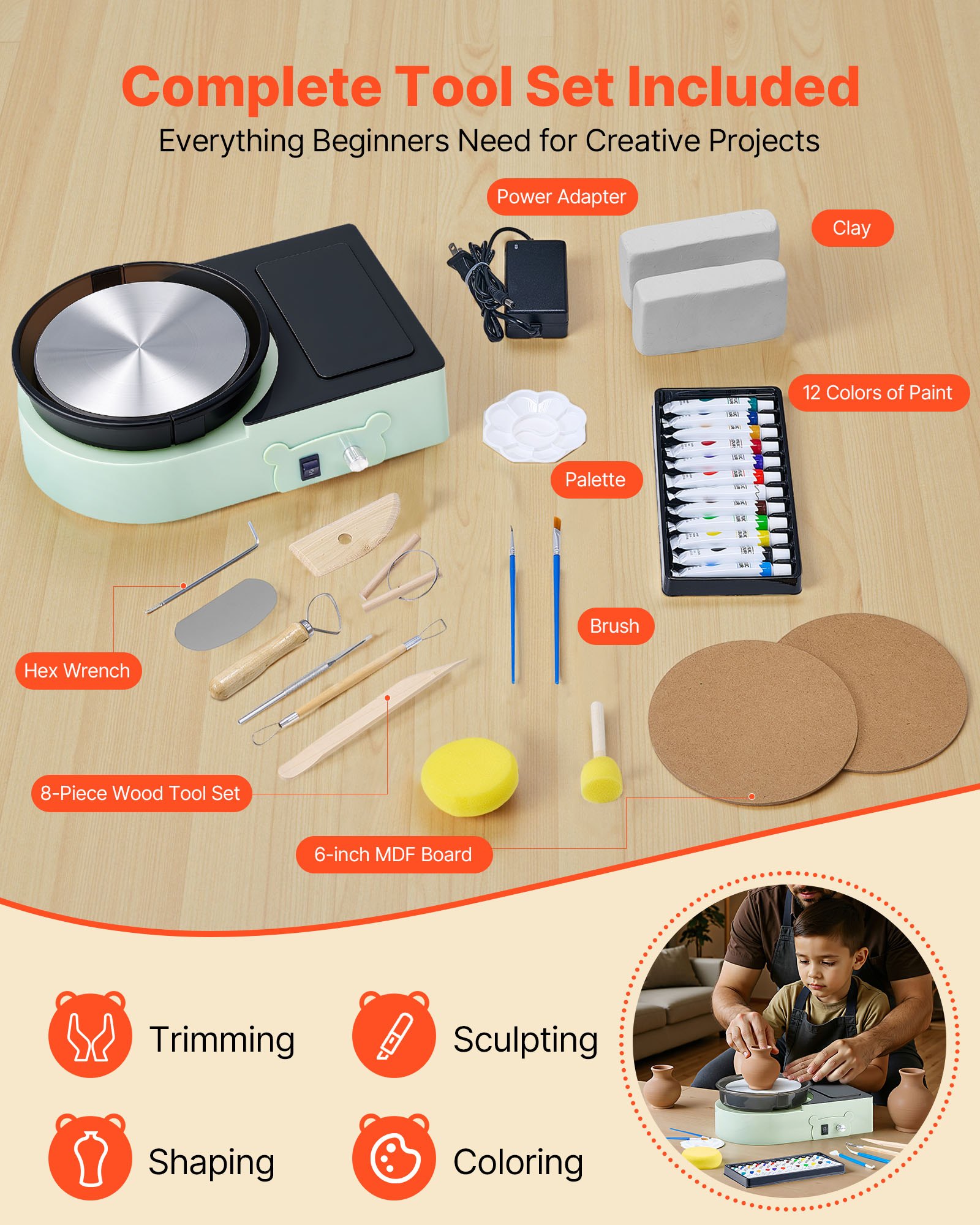Mini Pottery Wheel, 158 mm Turntable, Forward and Reverse Rotation, Adjustable Speed, Electric Clay Wheel for Kids and Adults, with Clay Shaping Tools, for Home DIY, Pottery Classes, Green - Image 4