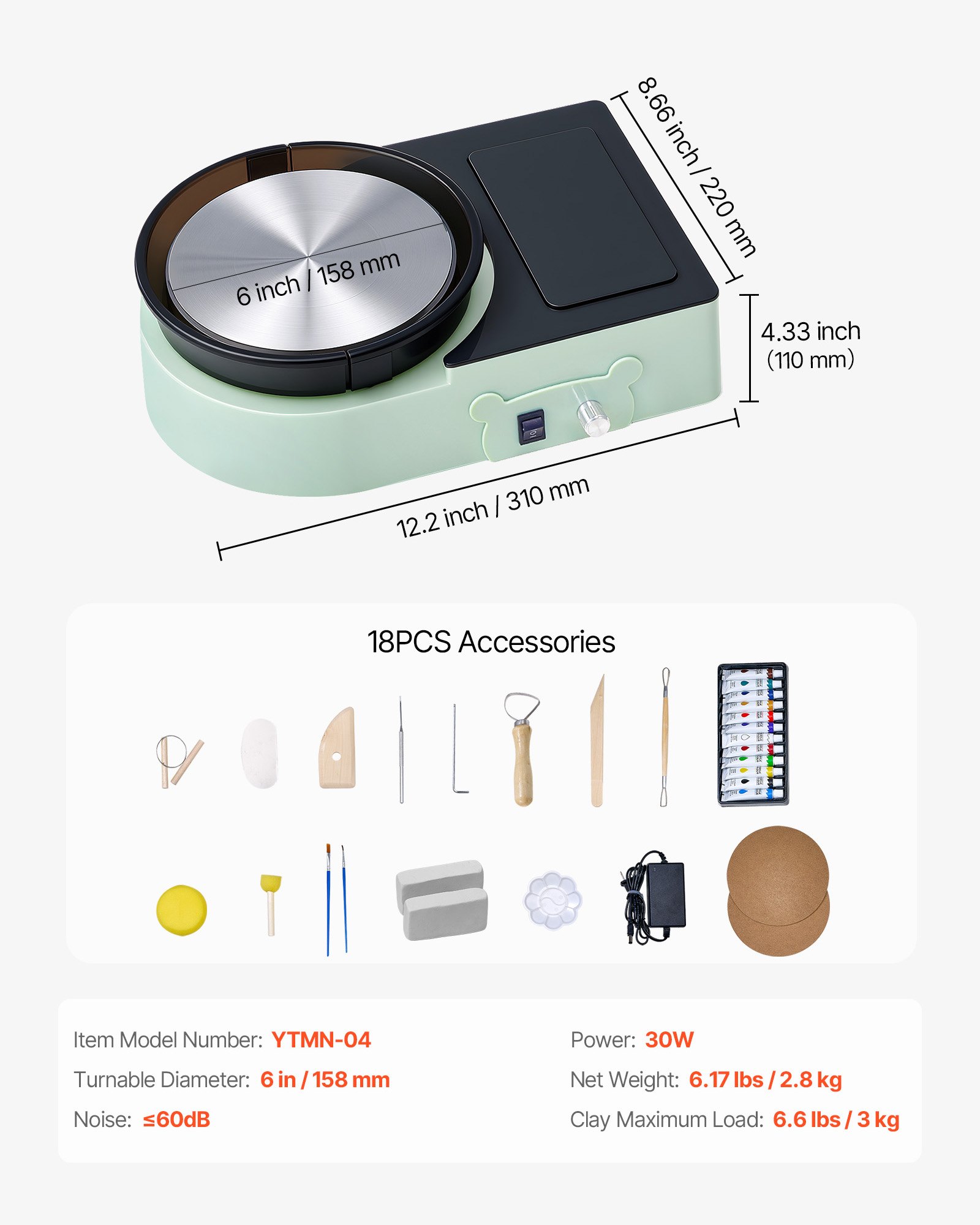 Mini Pottery Wheel, 158 mm Turntable, Forward and Reverse Rotation, Adjustable Speed, Electric Clay Wheel for Kids and Adults, with Clay Shaping Tools, for Home DIY, Pottery Classes, Green - Image 7