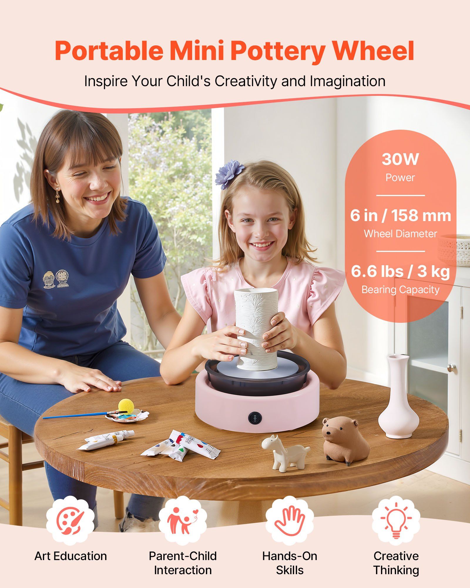 Mini Pottery Wheel, 158 mm Turntable, Forward and Reverse Rotation, Adjustable Speed, Electric Clay Wheel for Kids and Beginners, with Shaping Tools, for Home DIY, Pottery Classes, Pink - Image 2