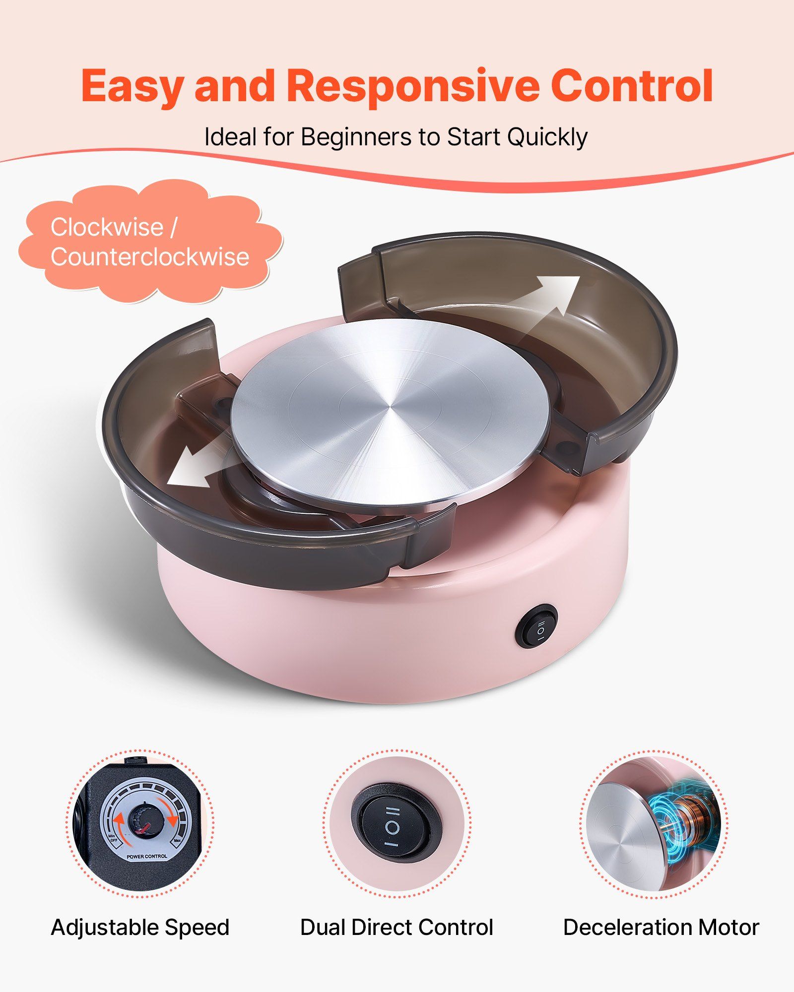 Mini Pottery Wheel, 158 mm Turntable, Forward and Reverse Rotation, Adjustable Speed, Electric Clay Wheel for Kids and Beginners, with Shaping Tools, for Home DIY, Pottery Classes, Pink - Image 3