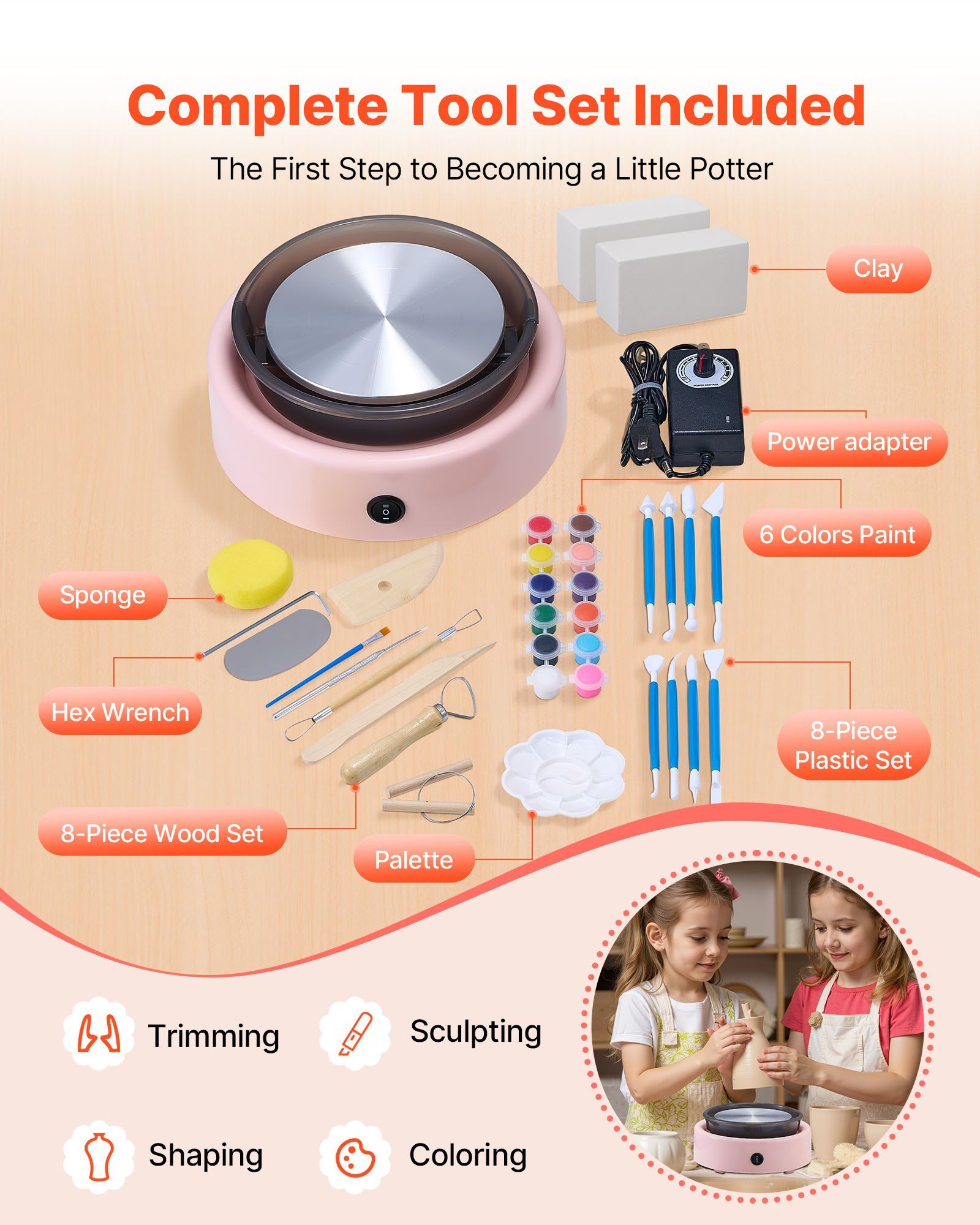 Mini Pottery Wheel, 158 mm Turntable, Forward and Reverse Rotation, Adjustable Speed, Electric Clay Wheel for Kids and Beginners, with Shaping Tools, for Home DIY, Pottery Classes, Pink - Image 4
