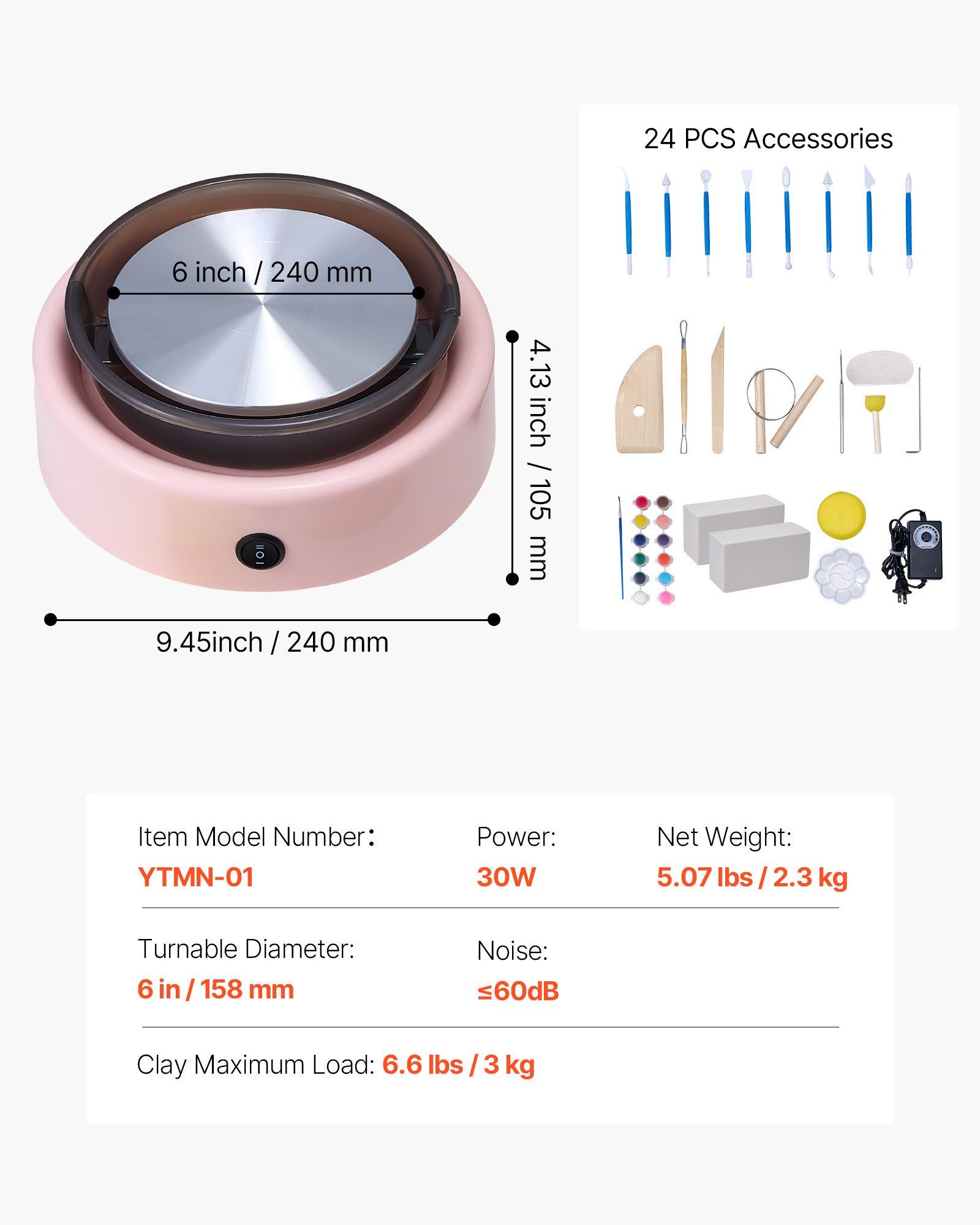 Mini Pottery Wheel, 158 mm Turntable, Forward and Reverse Rotation, Adjustable Speed, Electric Clay Wheel for Kids and Beginners, with Shaping Tools, for Home DIY, Pottery Classes, Pink - Image 7