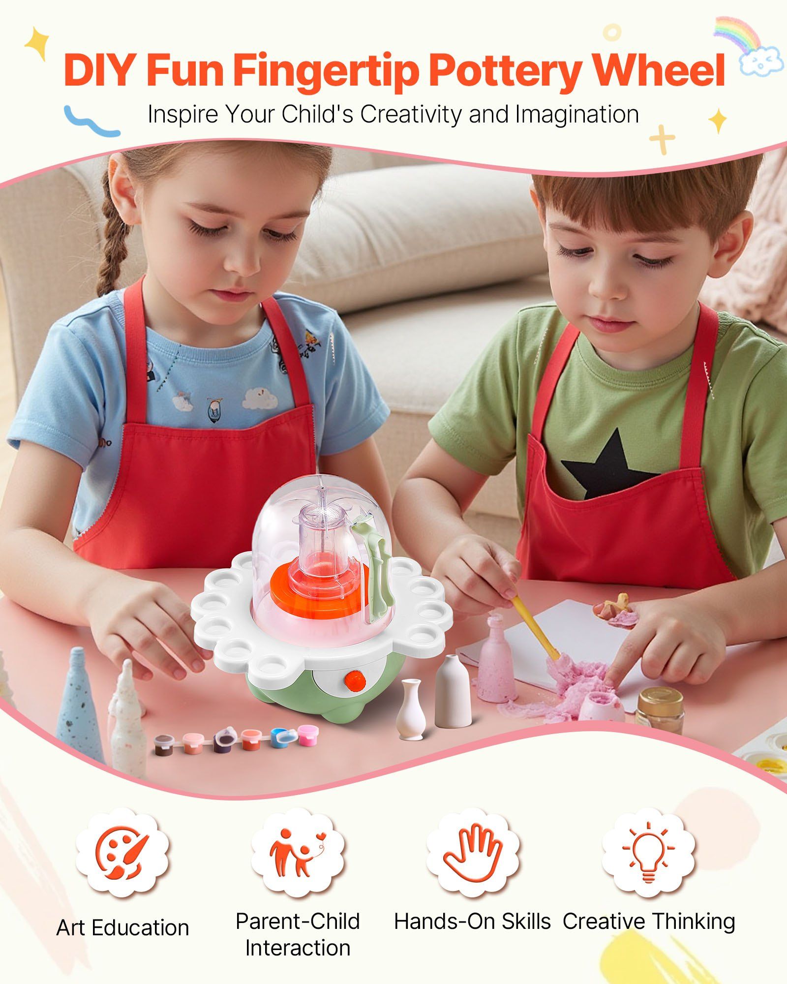 Mini Pottery Wheel, 50 mm and 80 mm Turntables, Adjustable Speed, Electric Clay Wheel for Kids and Beginners, Complete Pottery Set with Clay Sculpting Tools, Gift for Boys and Girls, Green - Image 2