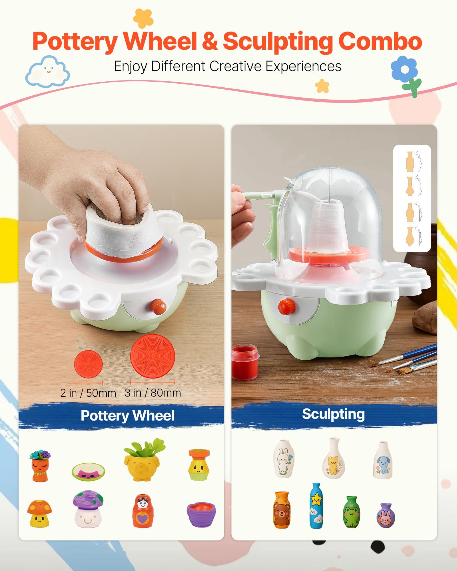 Mini Pottery Wheel, 50 mm and 80 mm Turntables, Adjustable Speed, Electric Clay Wheel for Kids and Beginners, Complete Pottery Set with Clay Sculpting Tools, Gift for Boys and Girls, Green - Image 3
