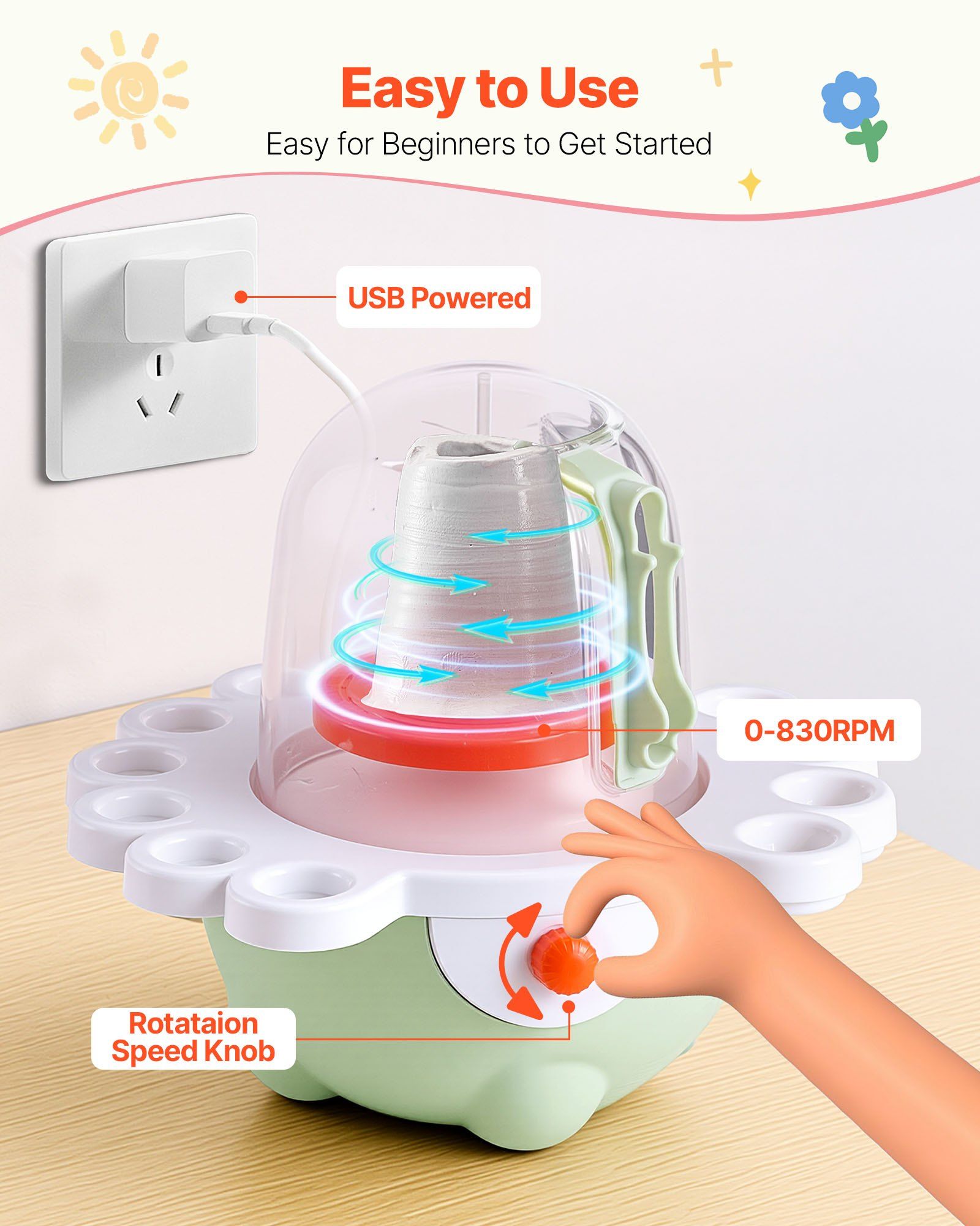 Mini Pottery Wheel, 50 mm and 80 mm Turntables, Adjustable Speed, Electric Clay Wheel for Kids and Beginners, Complete Pottery Set with Clay Sculpting Tools, Gift for Boys and Girls, Green - Image 4