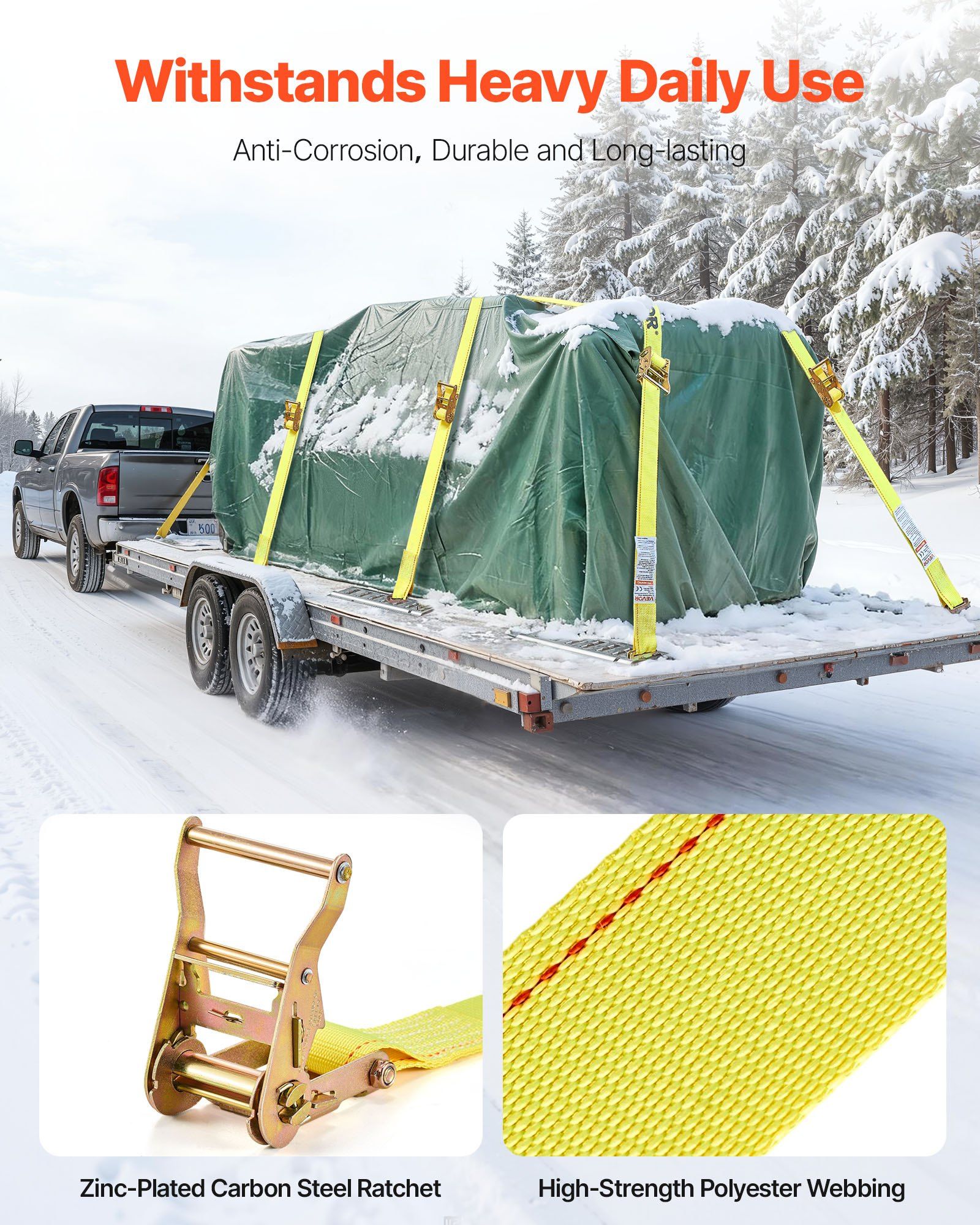 Ratchet Straps, 50.8 mm x 4.6 m, 30 Pack E-Track Tie Down Straps, 1995 kg Break Strength & 662 kg Rated Load, Tie Down Ratcheting for Moving, Trailers, Motorcycles, Kayaks, Car Roof, Yellow - Image 4