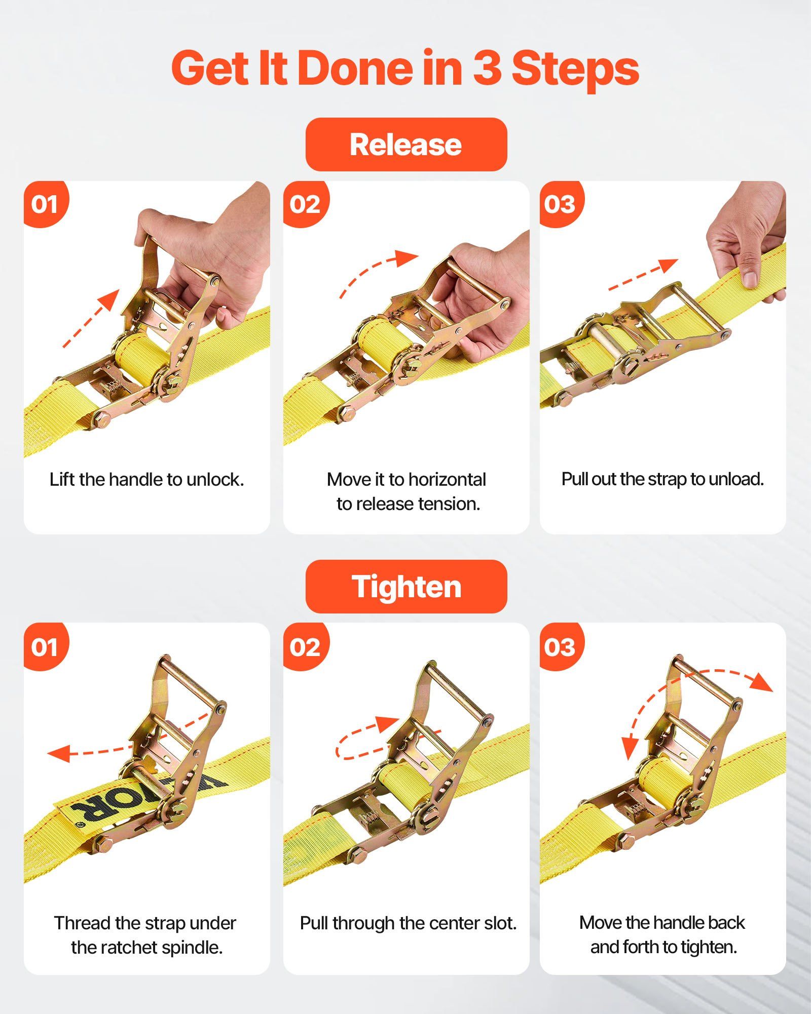 Ratchet Straps, 50.8 mm x 4.6 m, 30 Pack E-Track Tie Down Straps, 1995 kg Break Strength & 662 kg Rated Load, Tie Down Ratcheting for Moving, Trailers, Motorcycles, Kayaks, Car Roof, Yellow - Image 6