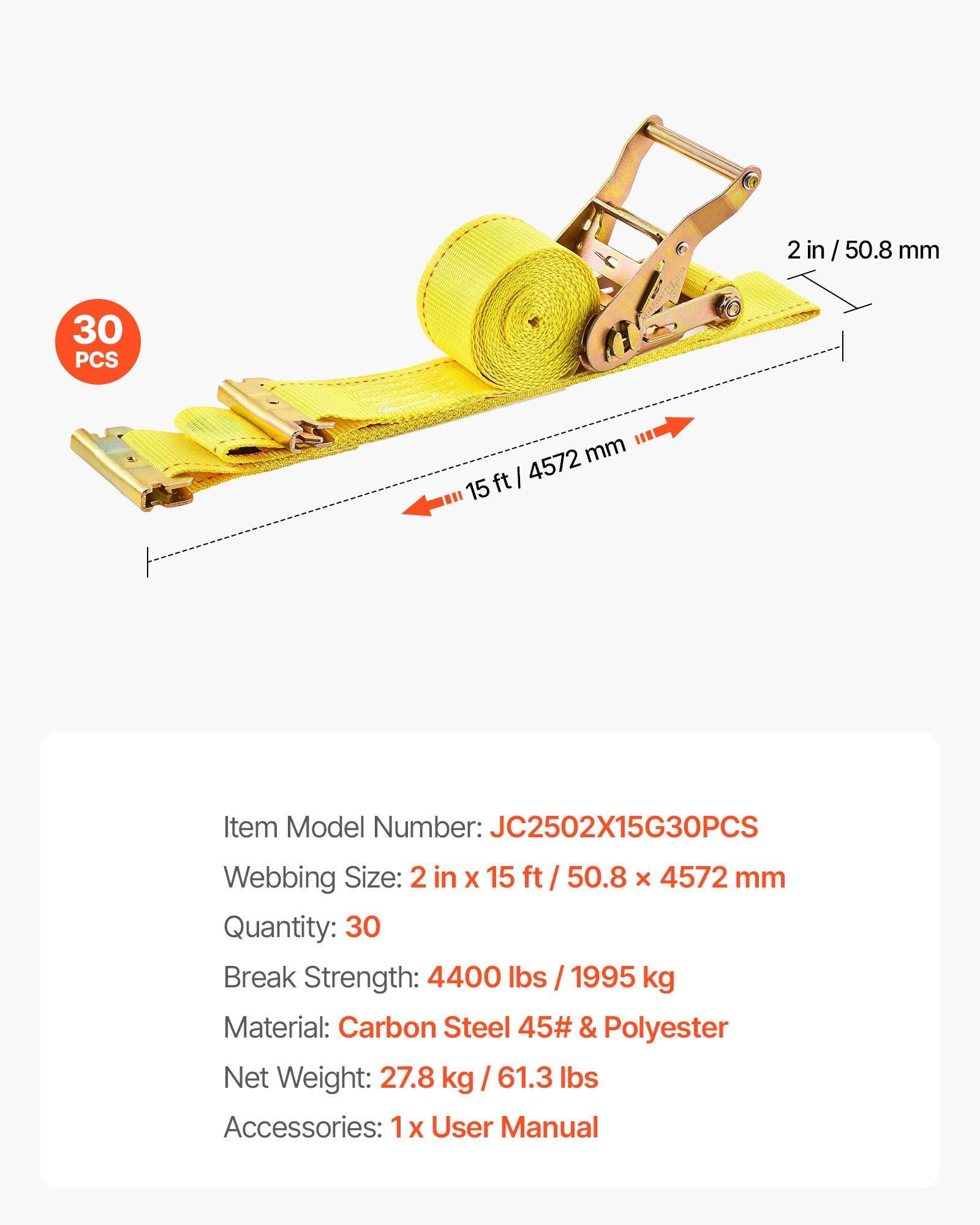 Ratchet Straps, 50.8 mm x 4.6 m, 30 Pack E-Track Tie Down Straps, 1995 kg Break Strength & 662 kg Rated Load, Tie Down Ratcheting for Moving, Trailers, Motorcycles, Kayaks, Car Roof, Yellow - Image 7
