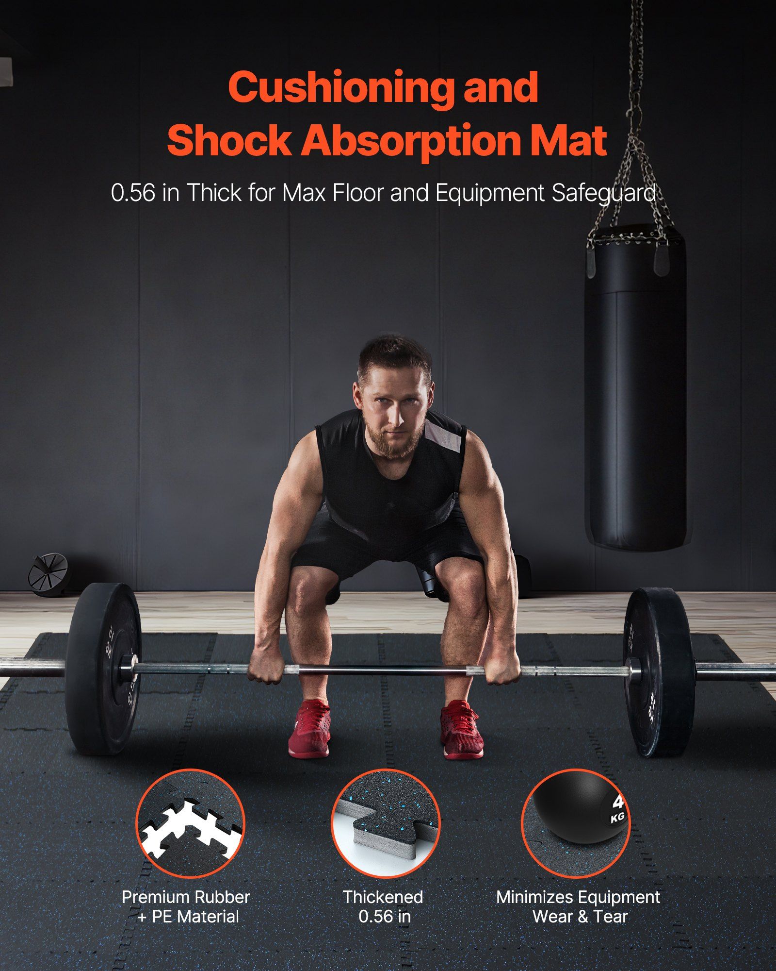 0.56 Inch Thick Gym Floor Mats, 6 Tiles Rubber Top with EVA Foam, 25