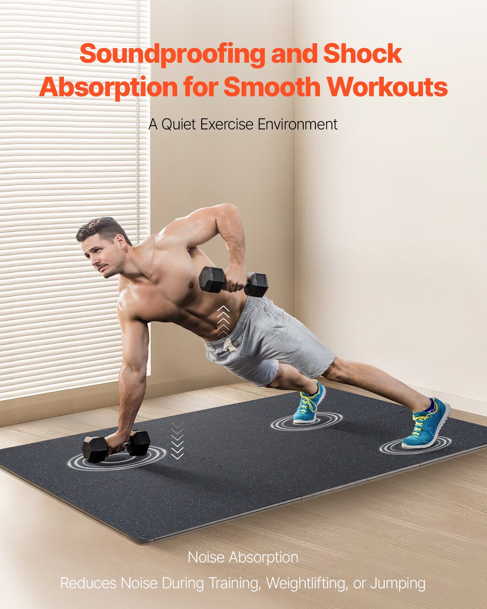 0.56 Inch Thick Gym Floor Mats, 6 Tiles Rubber Top with EVA Foam, 25
