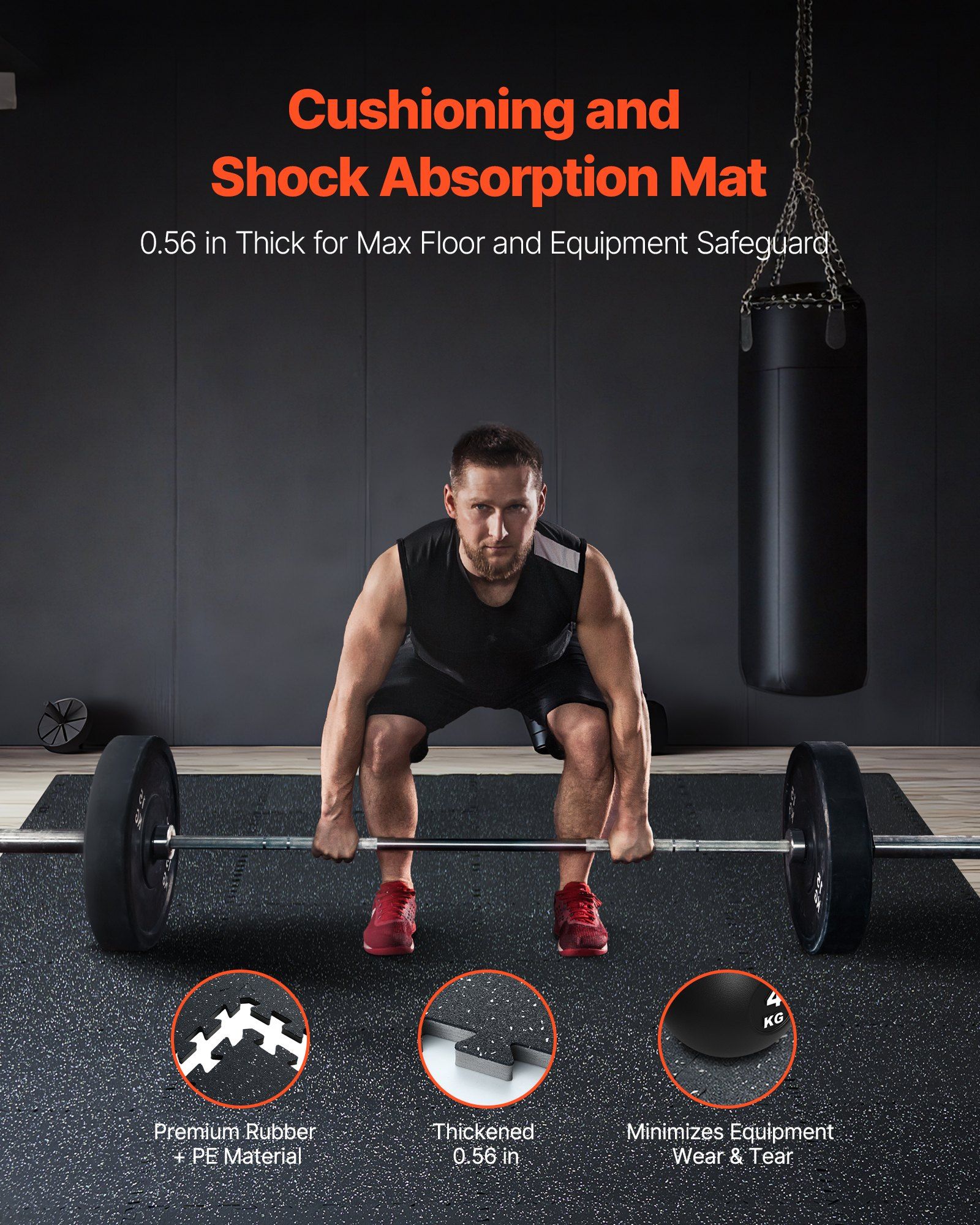 0.56 Inch Thick Gym Floor Mats, 25 Tiles Rubber Top with EVA Foam, 25