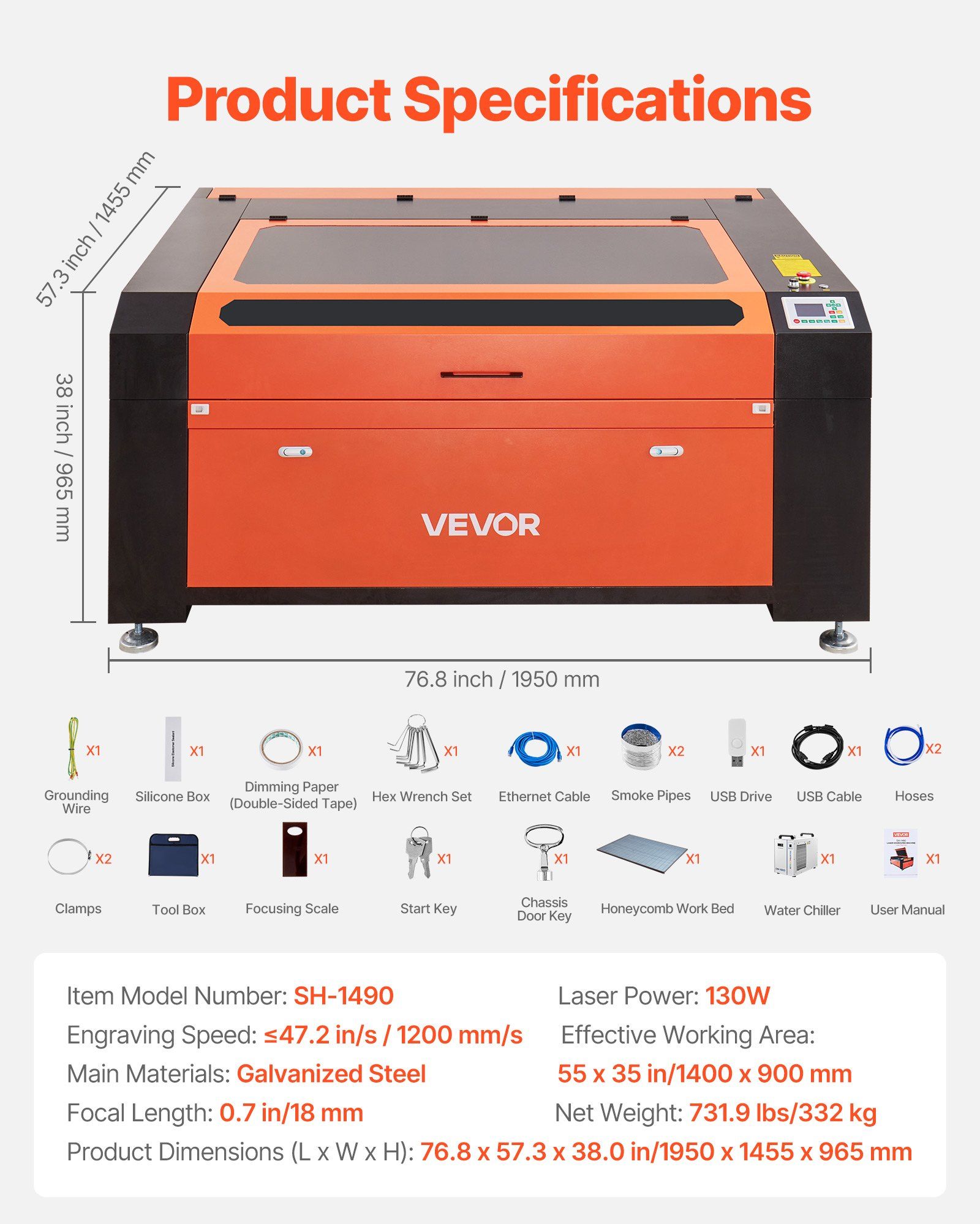 130W CO2 Laser Engraver, 1400 x 900 mm, CO2 Laser Engraver Cutter Machine with Water Chiller, 2 Way Pass Air Assist, 1200 mm/s Speed, Autofocus Engraving Cutting Machine, for Wood Acrylic Glass - Image 7