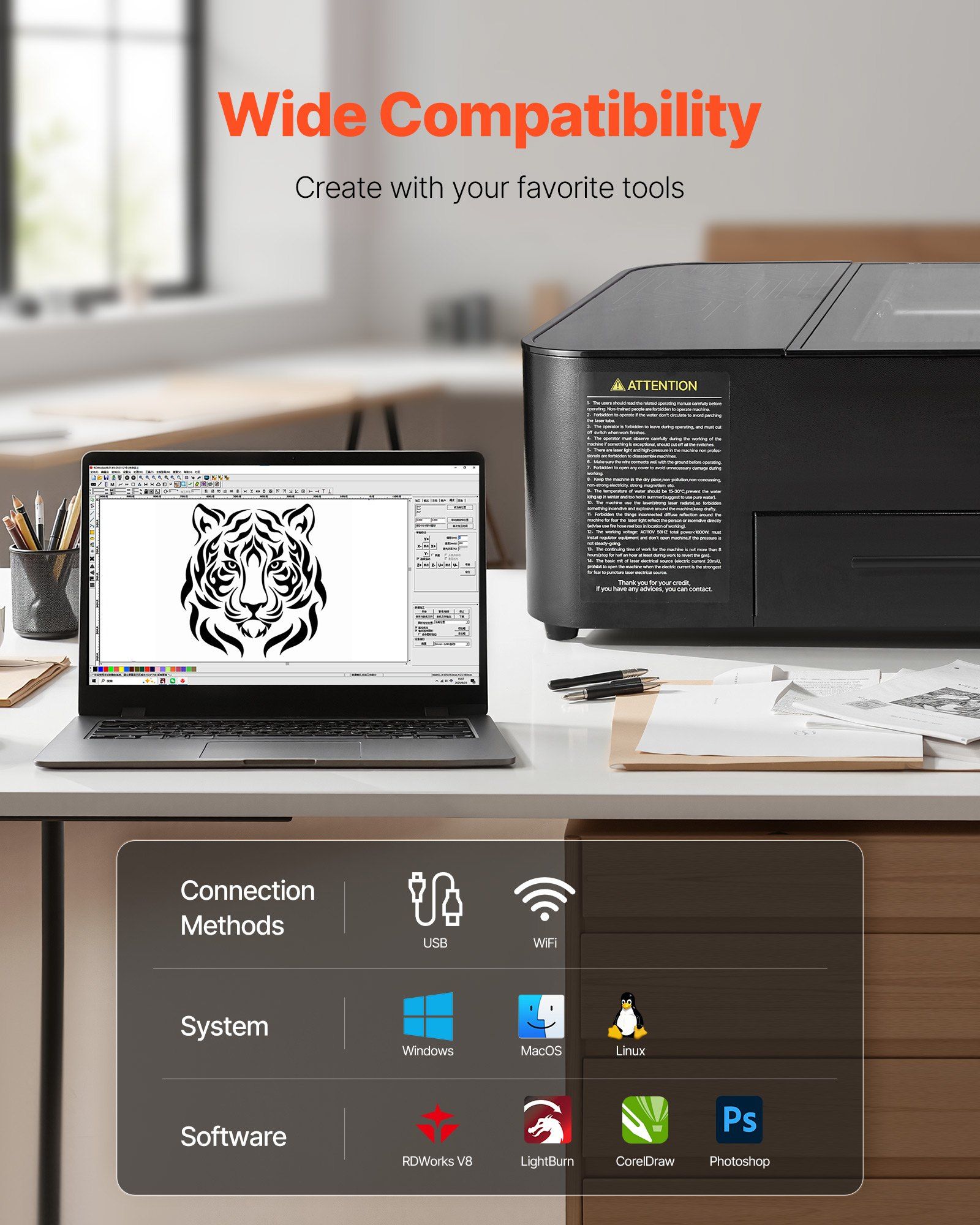 55W CO2 Laser Engraver, 500 x 300 mm, Desktop CO2 Laser Engraver and Cutter Machine with 16MP Camera, Water Pump, Rotary Axis, Compatible with LightBurn CorelDRAW RDWorks, for Wood Acrylic Glass - Image 5