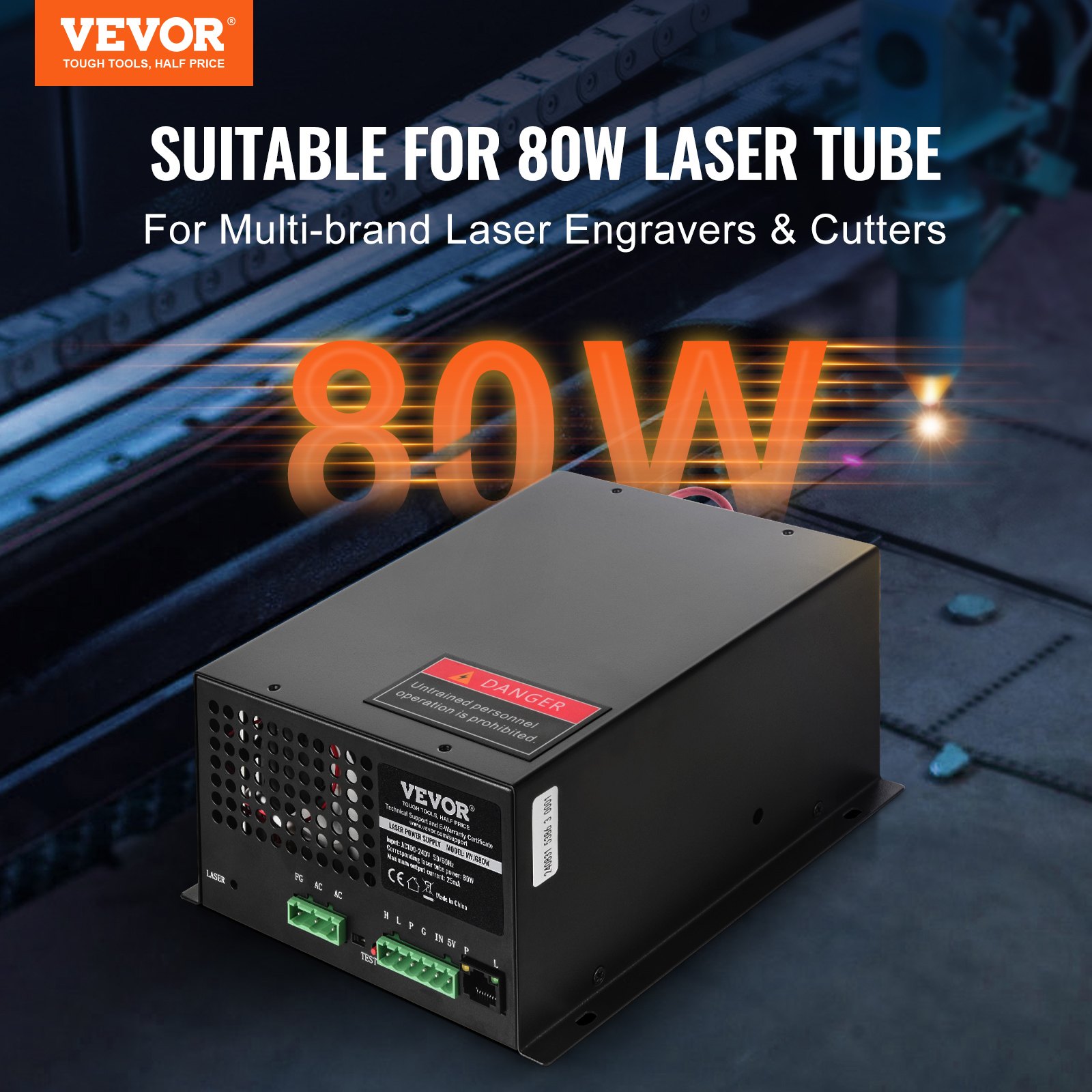 CO2 Laser Power Supply, 80W, Power Supply for 80W Laser Tube, Constant Current Protection, Open Circuit Protection, Fast Heat Dissipation, Compatible for Multi-brand Laser Engravers & Cutters - Image 2