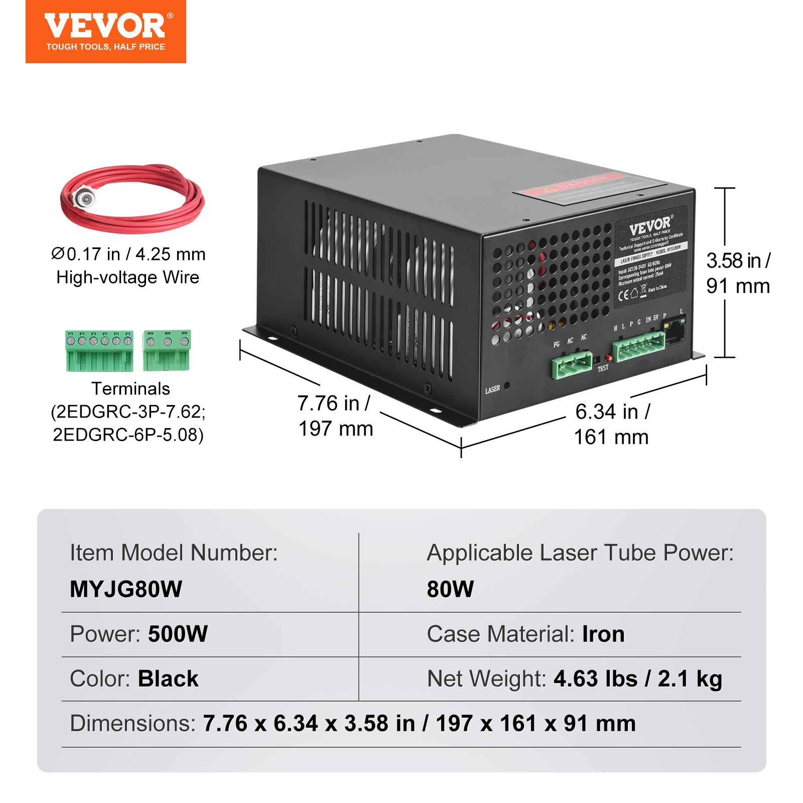 CO2 Laser Power Supply, 80W, Power Supply for 80W Laser Tube, Constant Current Protection, Open Circuit Protection, Fast Heat Dissipation, Compatible for Multi-brand Laser Engravers & Cutters - Image 7