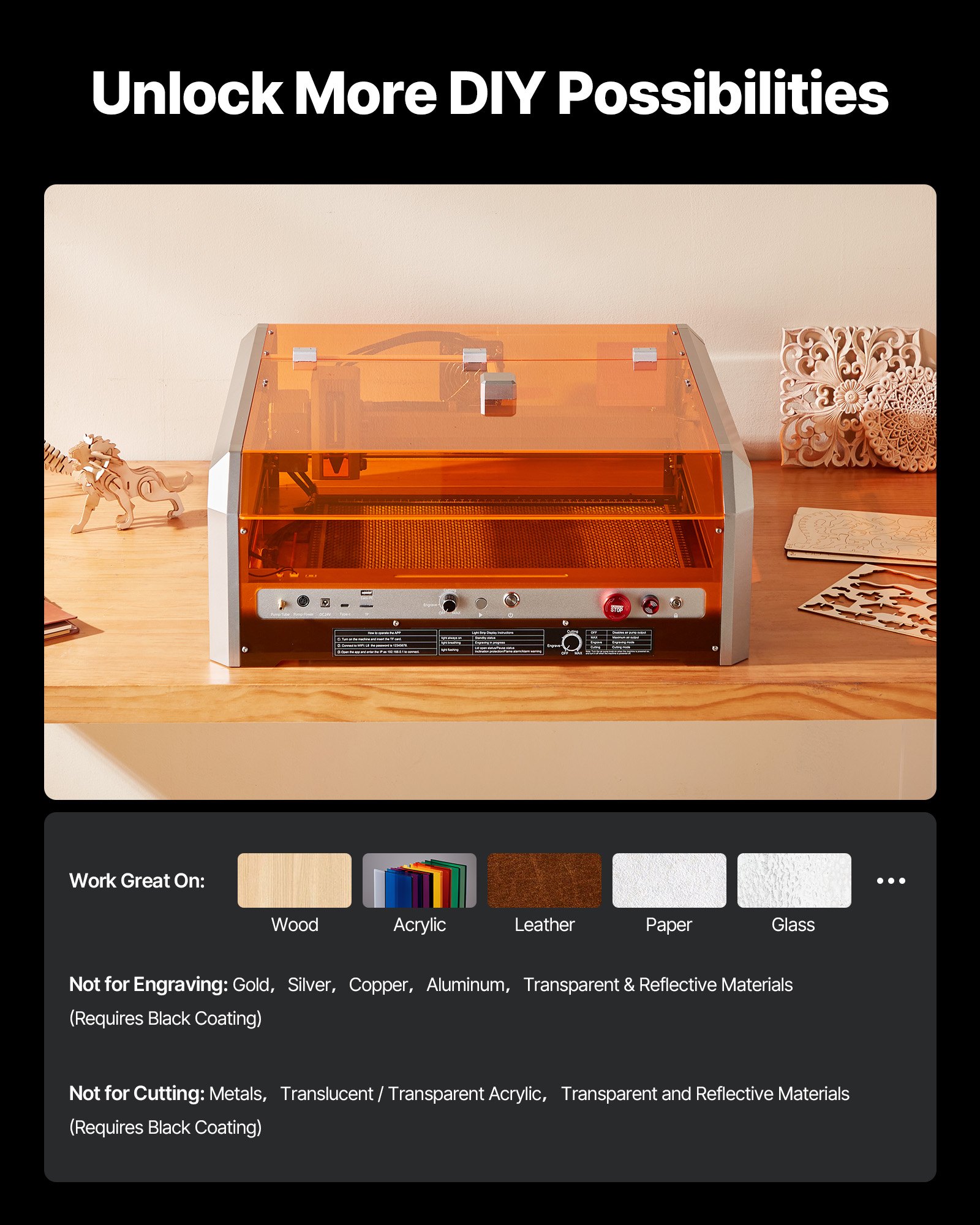 Laser Engraver, 20W, Laser Engraving and Cutting Machine with Enclosure Camera, Laser Cutter, 400 x 400 mm Working Area, 30000 mm/min, for Wood, Leather, Glass, Paper, Certain Metal, Class 1 - Image 7