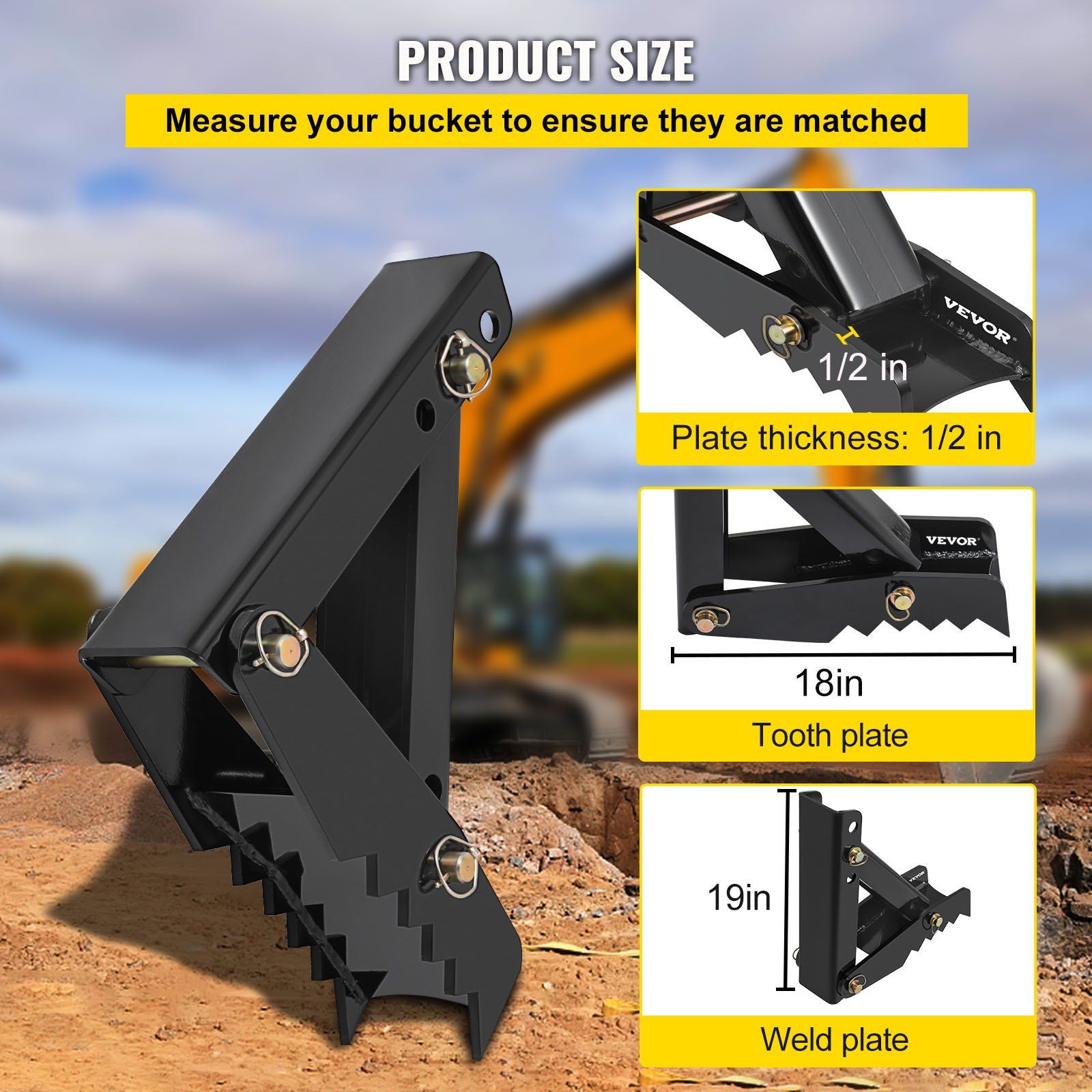 45.7 cm Backhoe Thumb, 12 mm Teeth Thickness Heavy Duty Excavator Thumb, Black Steel Weld On Thumb Attachments with 12mm Bolt-On Design Adjustable Mechanical Thumb for Backhoe/Excavator - Image 3