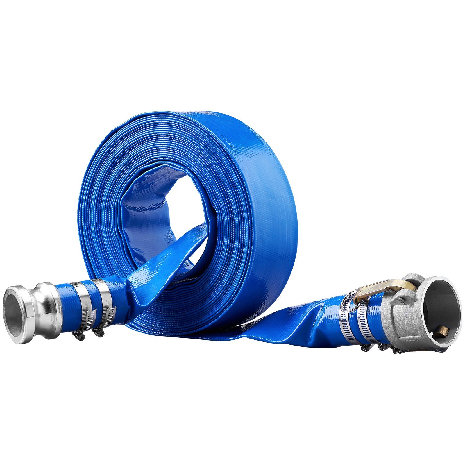 Backwash Hose, 2 in x 50 ft, Heavy-Duty PVC Flat Pool Discharge Hose with Aluminum Camlock C & E Fittings, Clamps, Compatible with Pumps, Sand Filters, for Swimming Pools Waste Water Drain, Blue - Image 1