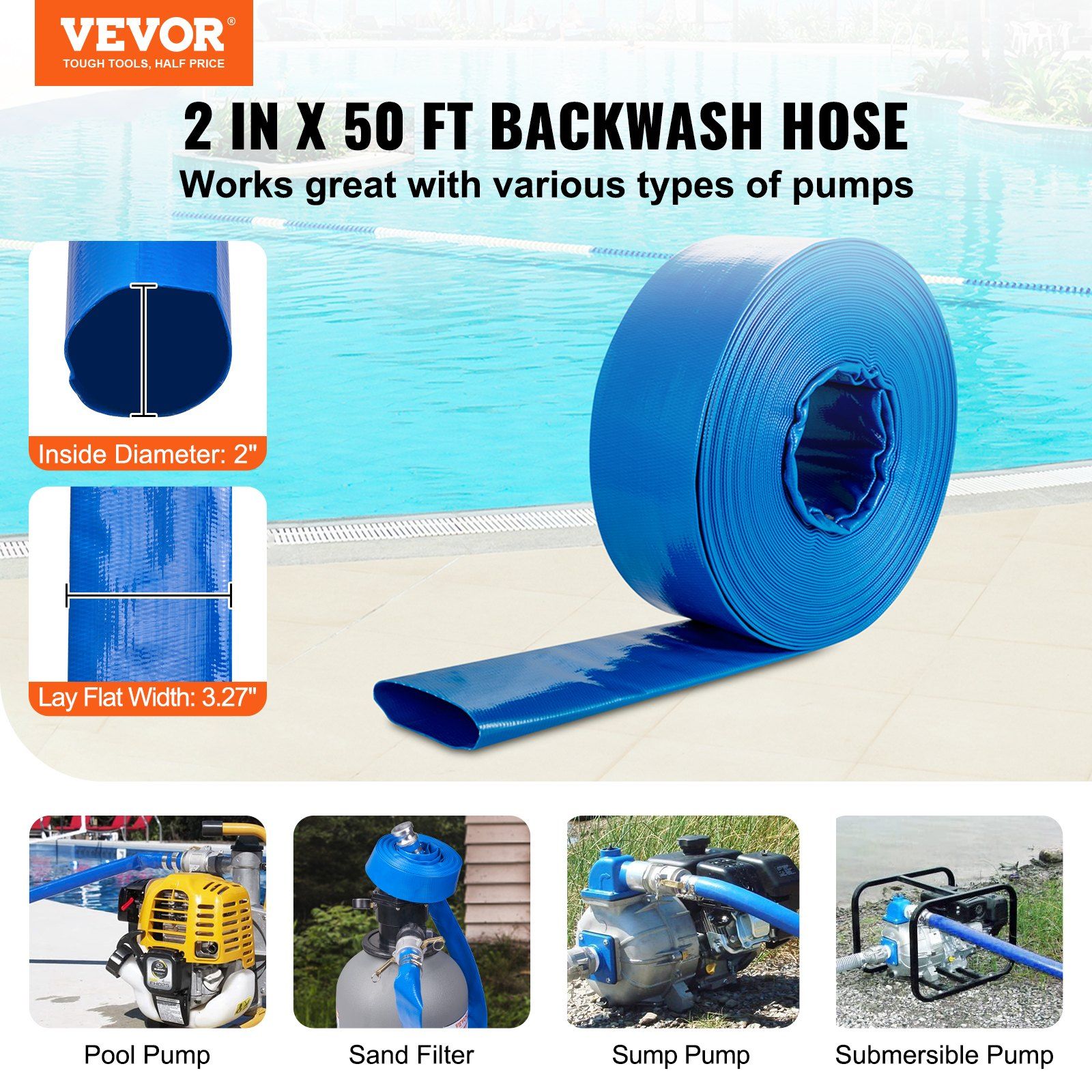 Backwash Hose, 2 in x 50 ft, Heavy-Duty PVC Flat Pool Discharge Hose with Aluminum Camlock C & E Fittings, Clamps, Compatible with Pumps, Sand Filters, for Swimming Pools Waste Water Drain, Blue - Image 2
