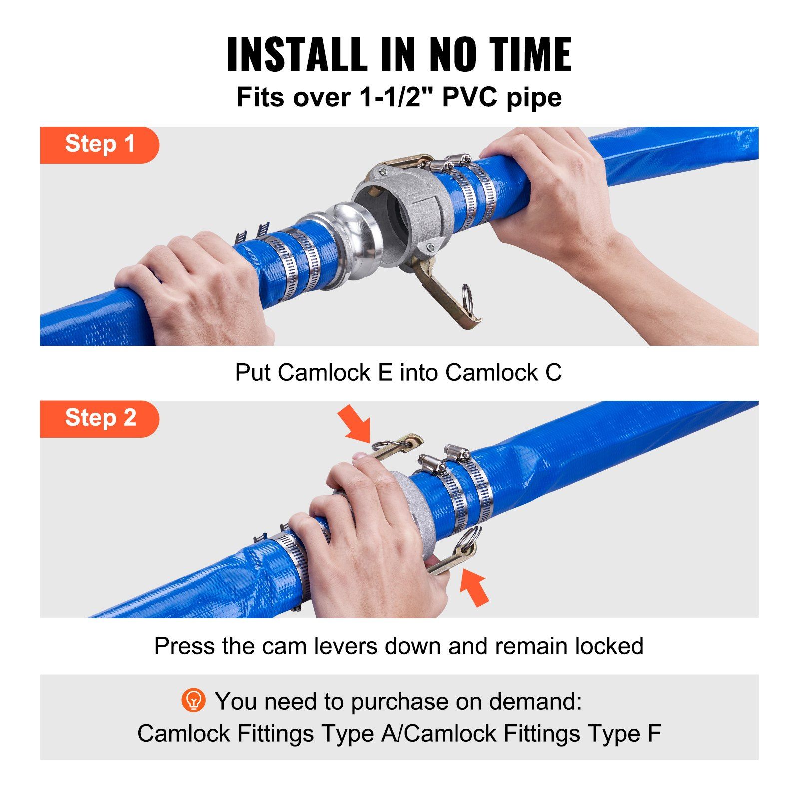Backwash Hose, 2 in x 50 ft, Heavy-Duty PVC Flat Pool Discharge Hose with Aluminum Camlock C & E Fittings, Clamps, Compatible with Pumps, Sand Filters, for Swimming Pools Waste Water Drain, Blue - Image 4