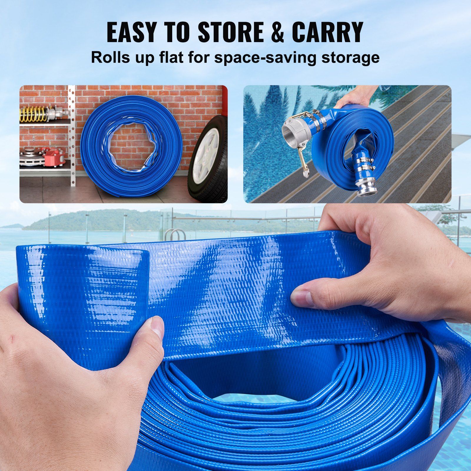 Backwash Hose, 2 in x 50 ft, Heavy-Duty PVC Flat Pool Discharge Hose with Aluminum Camlock C & E Fittings, Clamps, Compatible with Pumps, Sand Filters, for Swimming Pools Waste Water Drain, Blue - Image 5