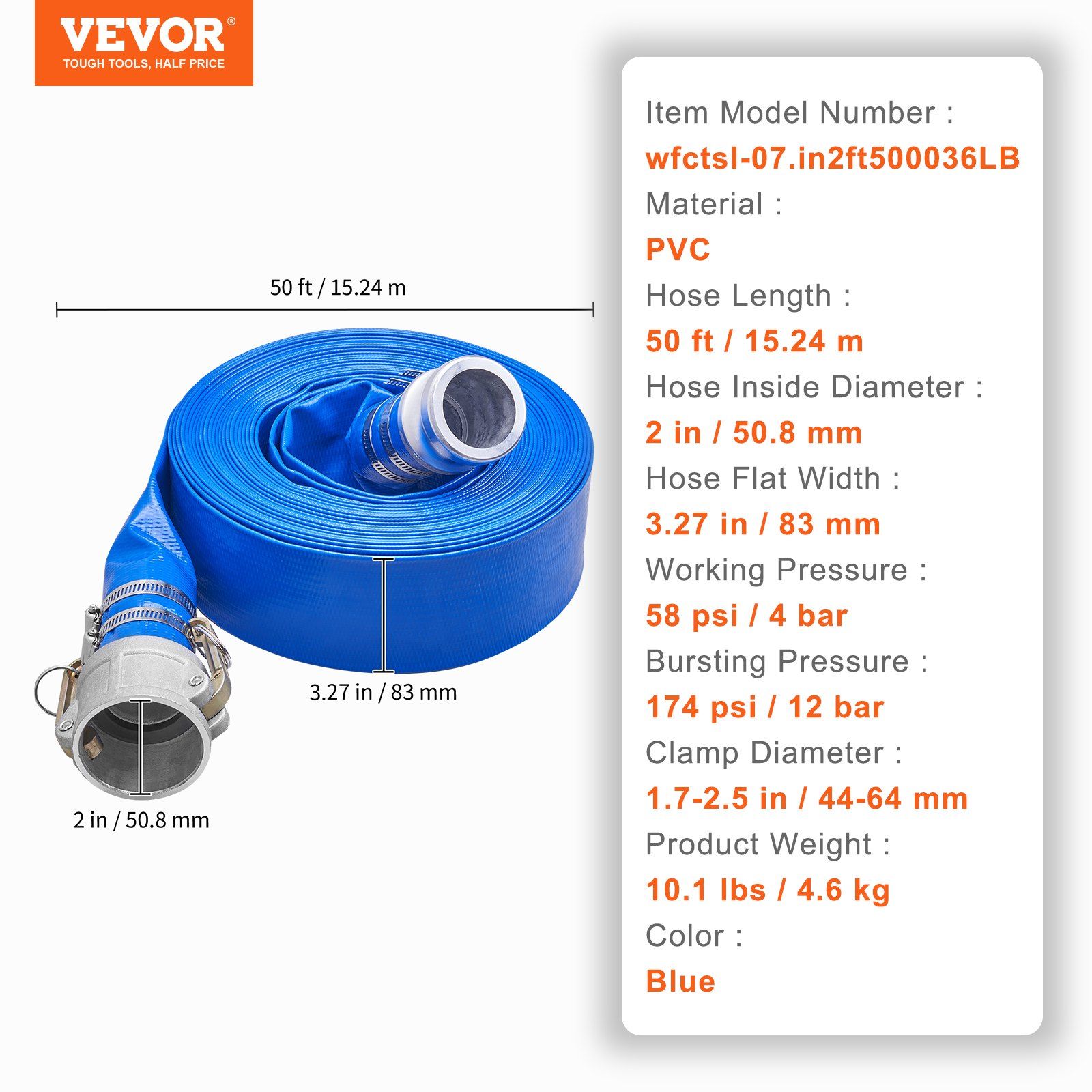 Backwash Hose, 2 in x 50 ft, Heavy-Duty PVC Flat Pool Discharge Hose with Aluminum Camlock C & E Fittings, Clamps, Compatible with Pumps, Sand Filters, for Swimming Pools Waste Water Drain, Blue - Image 7