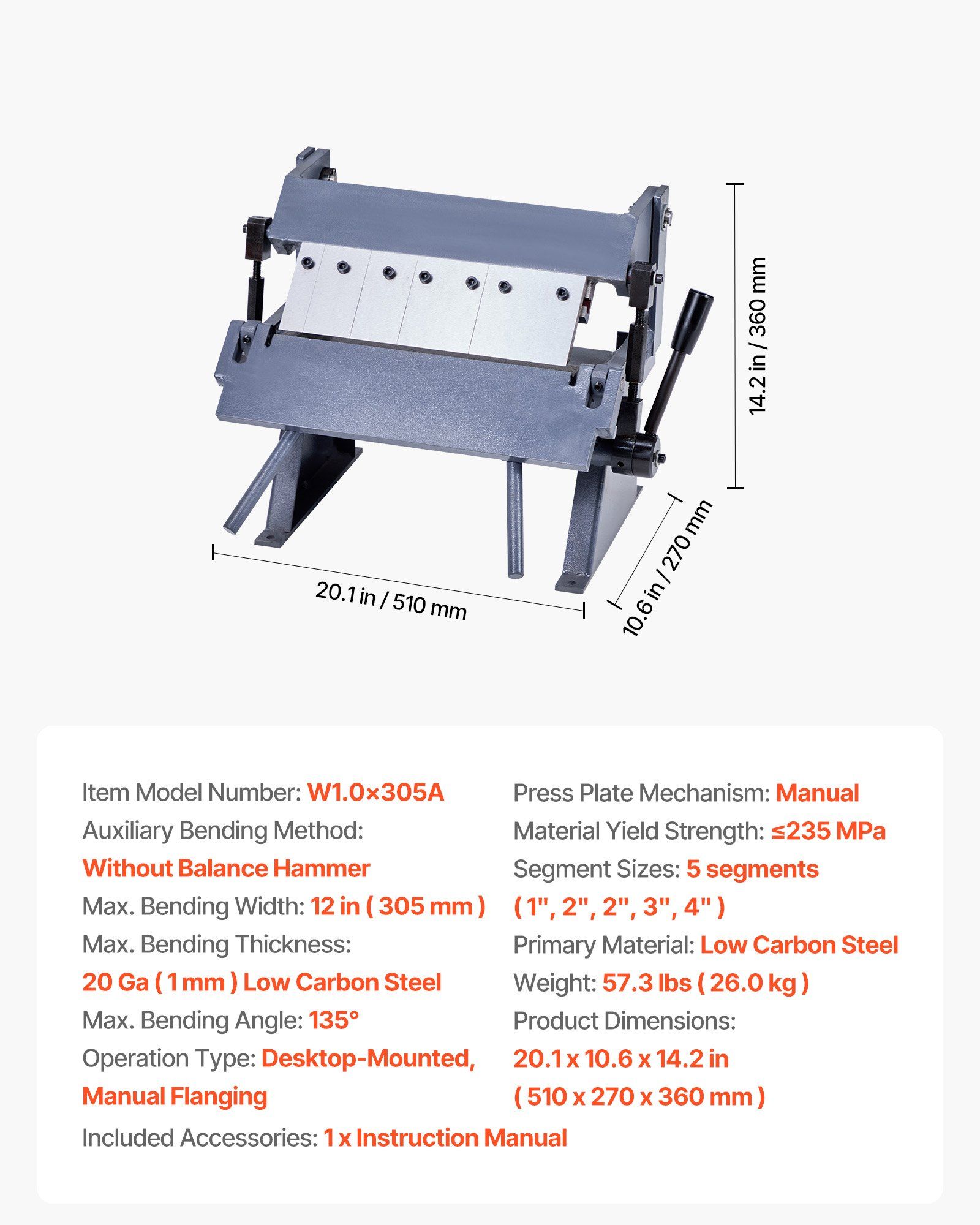 Box and Pan Brake, 305 mm Sheet Metal Bending Brake, 20-Gauge Mild Steel Capacity, 0-135 Degree Adjustable, Metal Bender Machine with 5 Fingers, Heavy-Duty Aluminum Folder for Precise Bending - Image 7