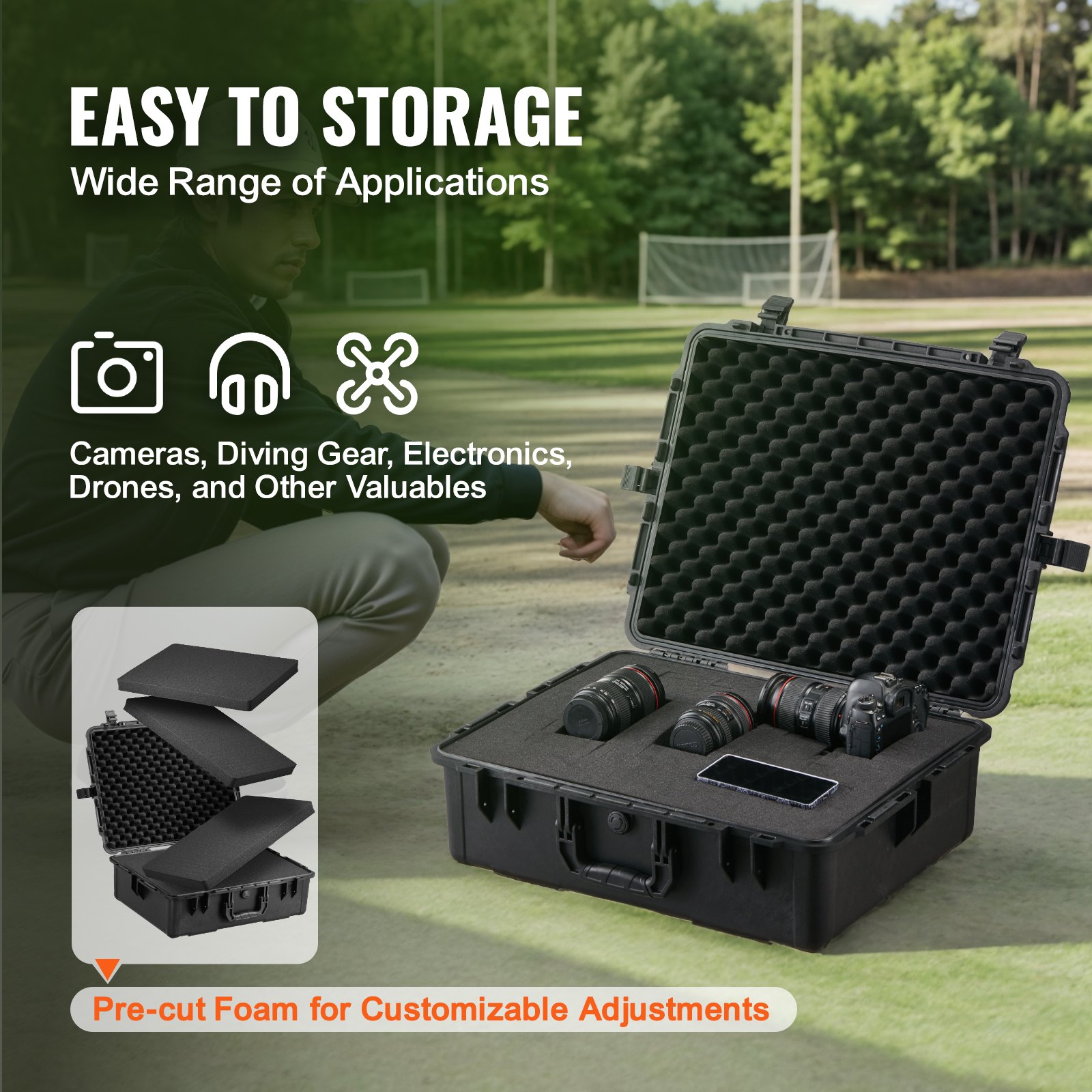 Weatherproof Hard Case, Heavy Duty Protective Dry Box Case with Pre-cut Foam, and Retractable Pull Handles for Travel, Hunting, Military, Tactical, IP67 Waterproof Case for Cameras (56.1x37x26) - Image 3