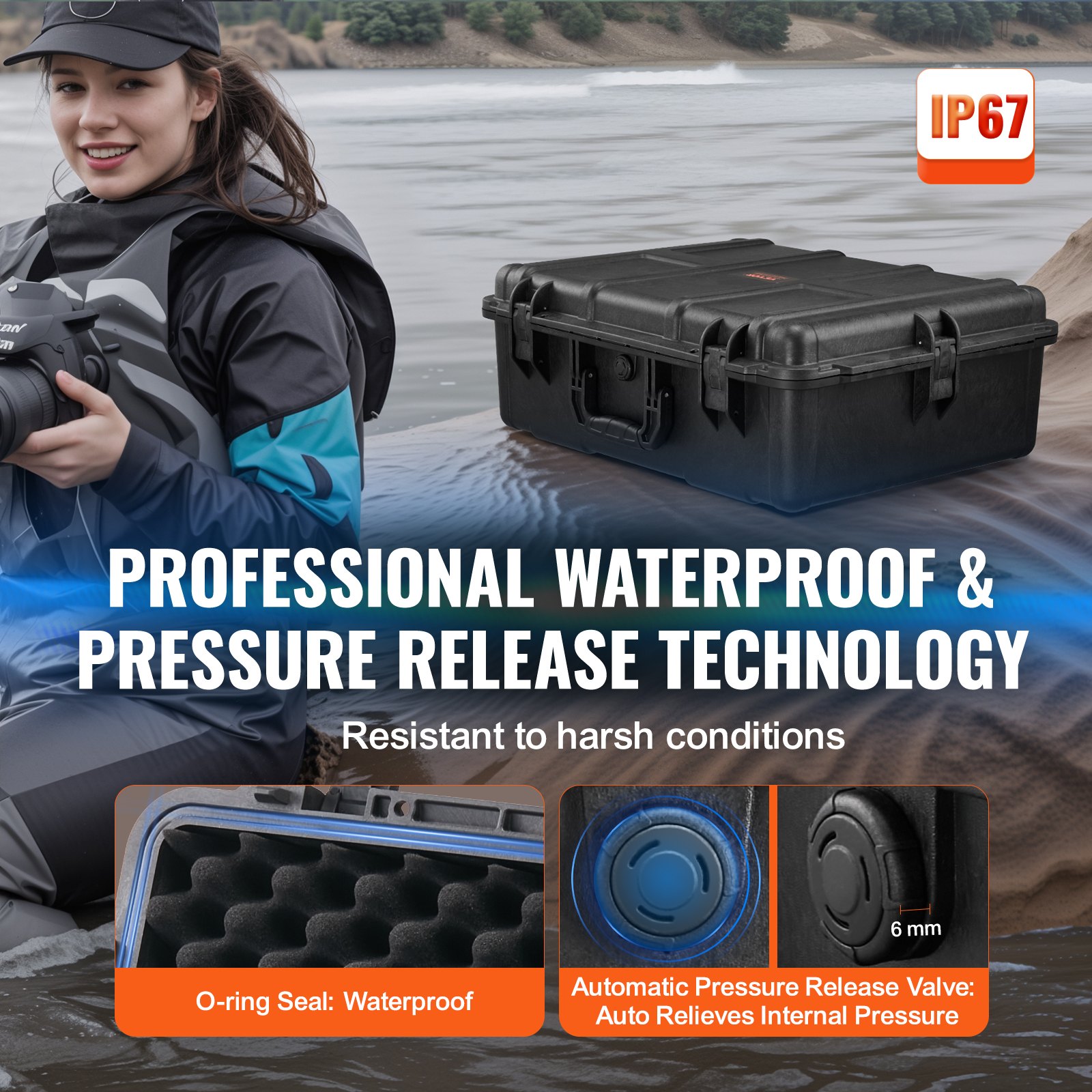 Weatherproof Hard Case, Heavy Duty Protective Dry Box Case with Pre-cut Foam, and Retractable Pull Handles for Travel, Hunting, Military, Tactical, IP67 Waterproof Case for Cameras (56.1x37x26) - Image 4