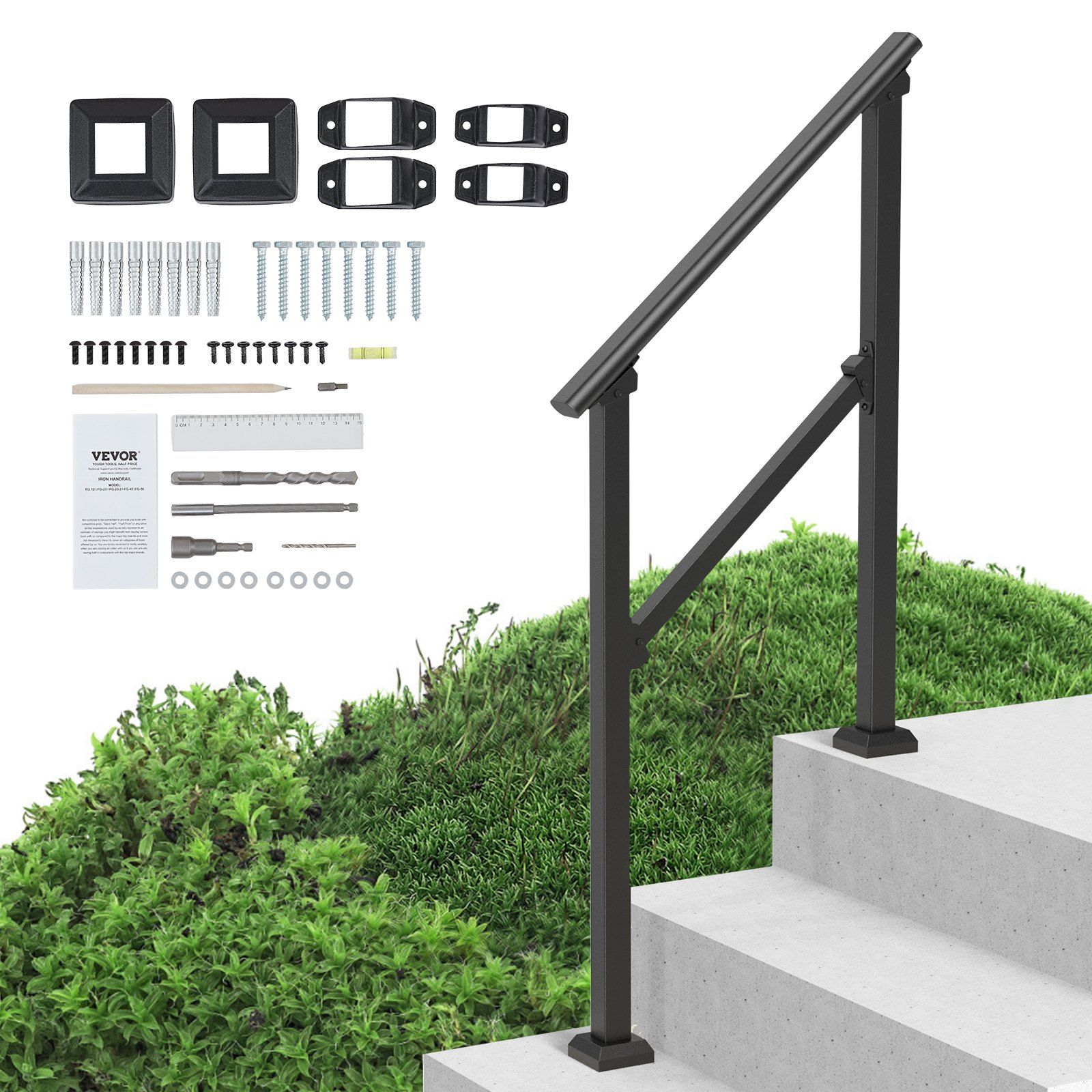 Handrails for Outdoor Steps, 2-3 Step Stair Hand Rail Kit, Transitional Carbon Steel Railings with Installation Kit, Stair Rails for Seniors, Concrete Steps & Porch & Deck, Black Square Tube - Image 1