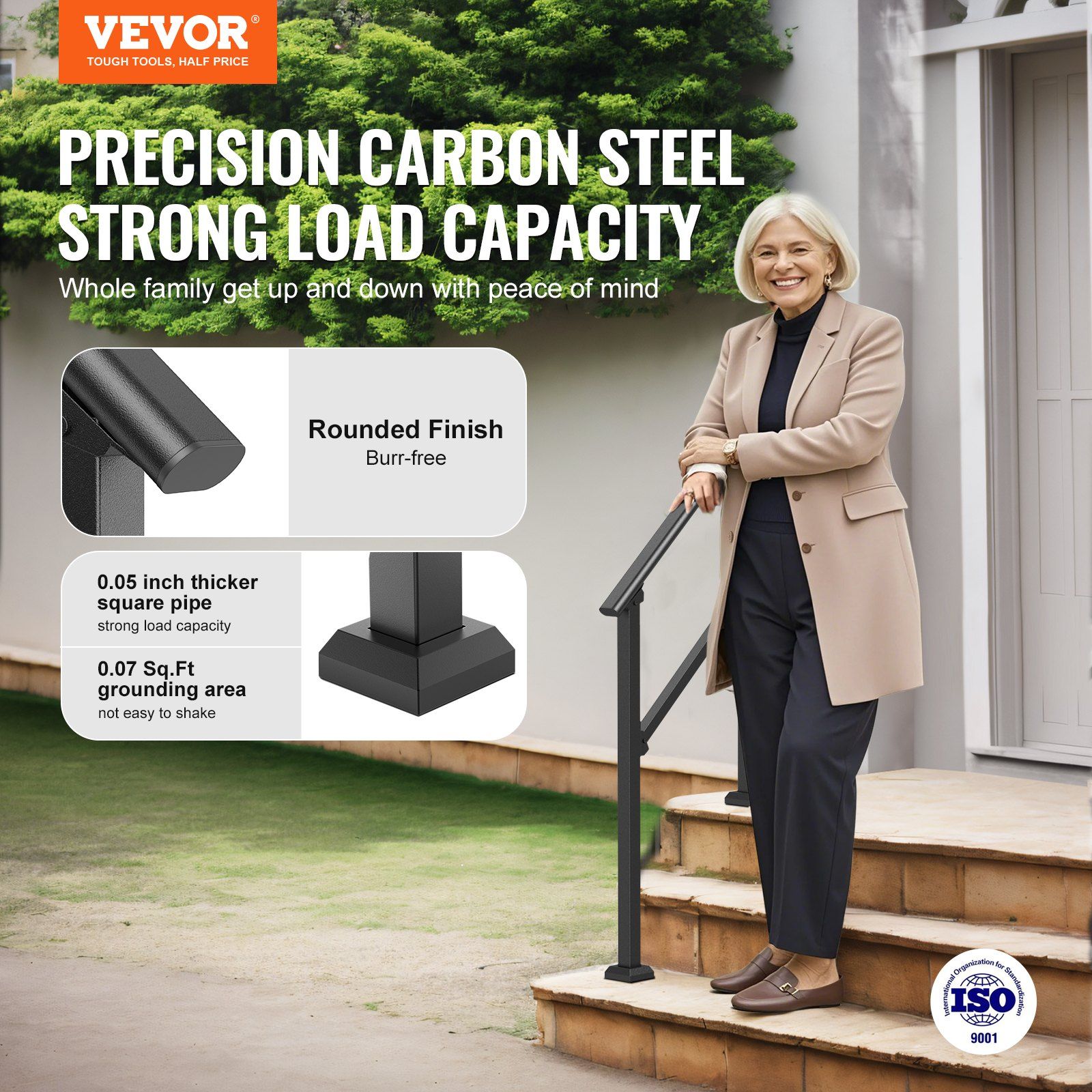 Handrails for Outdoor Steps, 2-3 Step Stair Hand Rail Kit, Transitional Carbon Steel Railings with Installation Kit, Stair Rails for Seniors, Concrete Steps & Porch & Deck, Black Square Tube - Image 2
