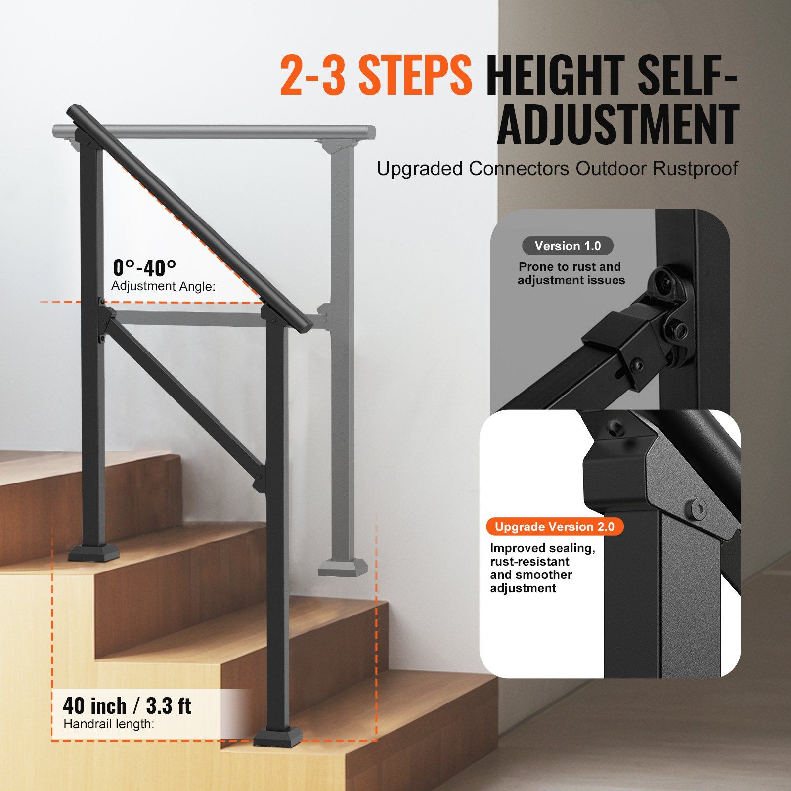 Handrails for Outdoor Steps, 2-3 Step Stair Hand Rail Kit, Transitional Carbon Steel Railings with Installation Kit, Stair Rails for Seniors, Concrete Steps & Porch & Deck, Black Square Tube - Image 3