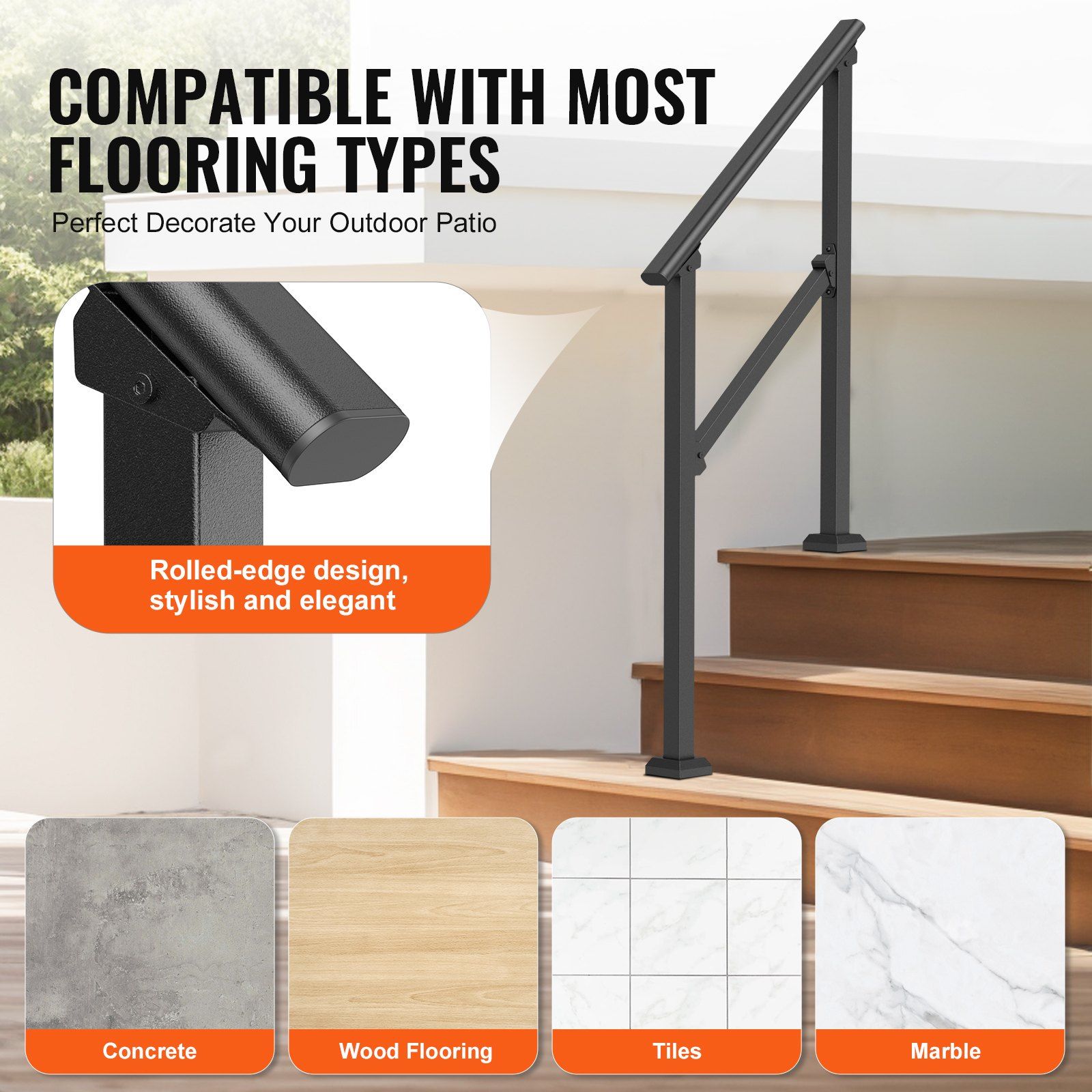 Handrails for Outdoor Steps, 2-3 Step Stair Hand Rail Kit, Transitional Carbon Steel Railings with Installation Kit, Stair Rails for Seniors, Concrete Steps & Porch & Deck, Black Square Tube - Image 5