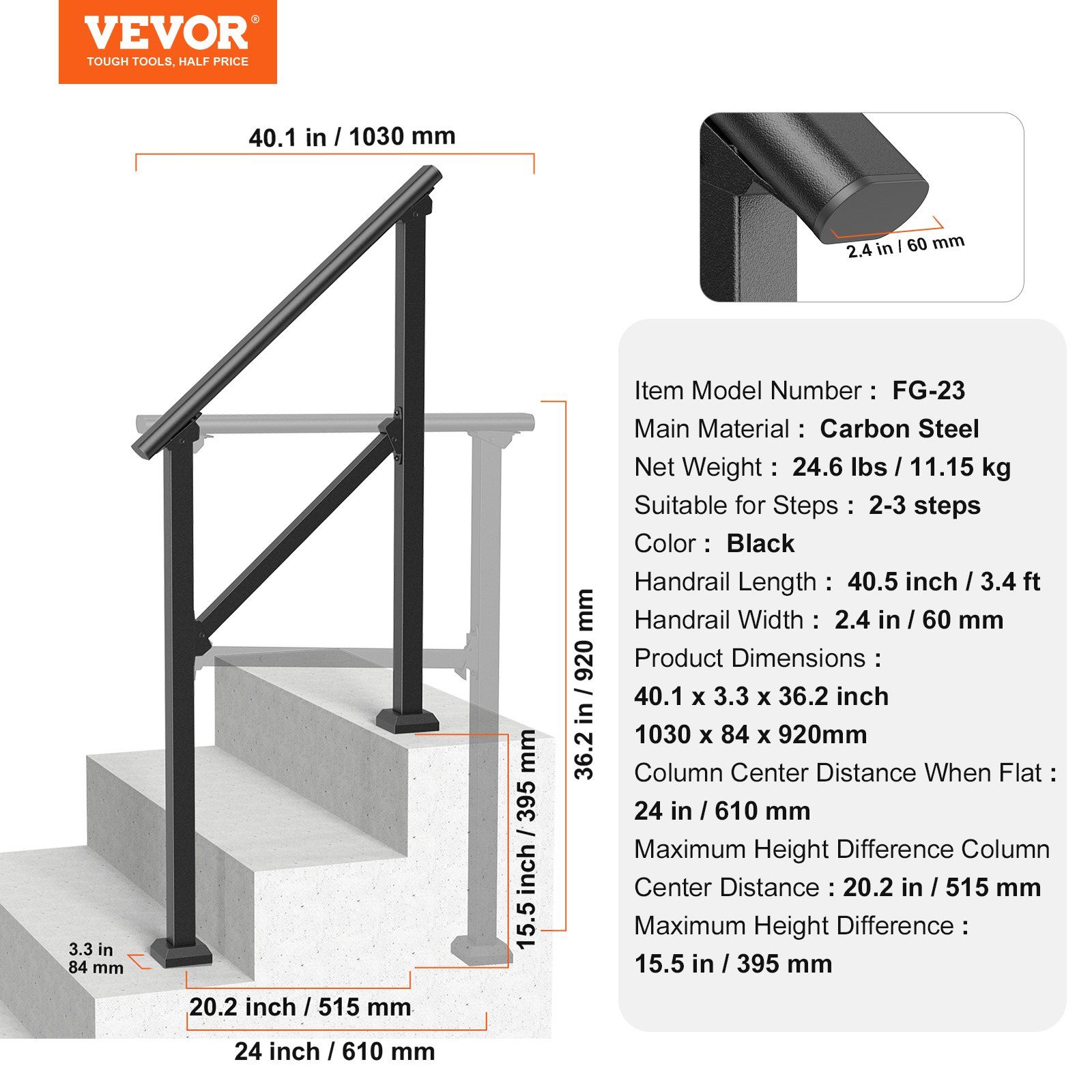Handrails for Outdoor Steps, 2-3 Step Stair Hand Rail Kit, Transitional Carbon Steel Railings with Installation Kit, Stair Rails for Seniors, Concrete Steps & Porch & Deck, Black Square Tube - Image 7