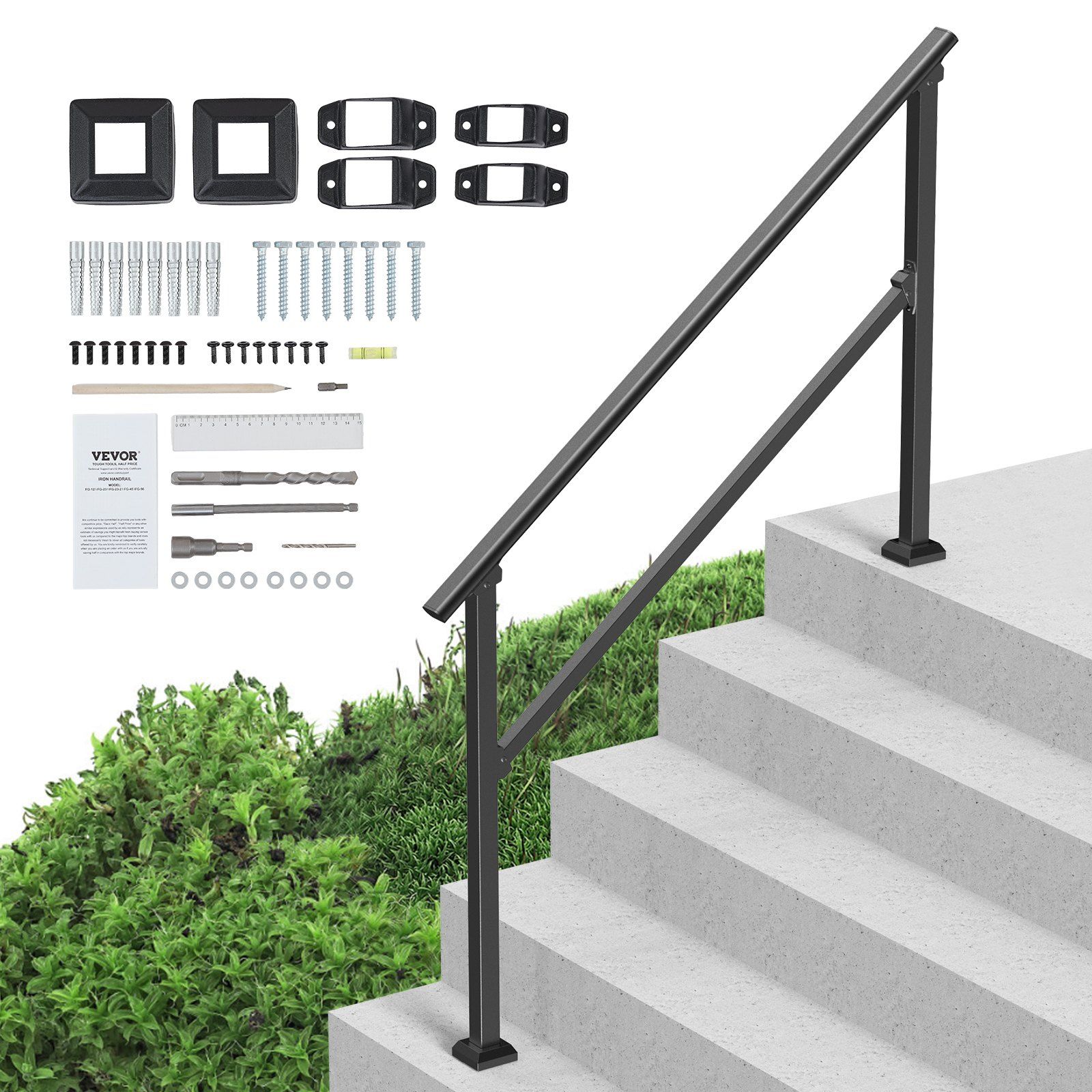 Handrails for Outdoor Steps, 4-5 Step Stair Hand Rail Kit, Transitional Carbon Steel Railings with Installation Kit, Stair Rails for Seniors, Concrete Steps & Porch & Deck, Black Square Tube - Image 1