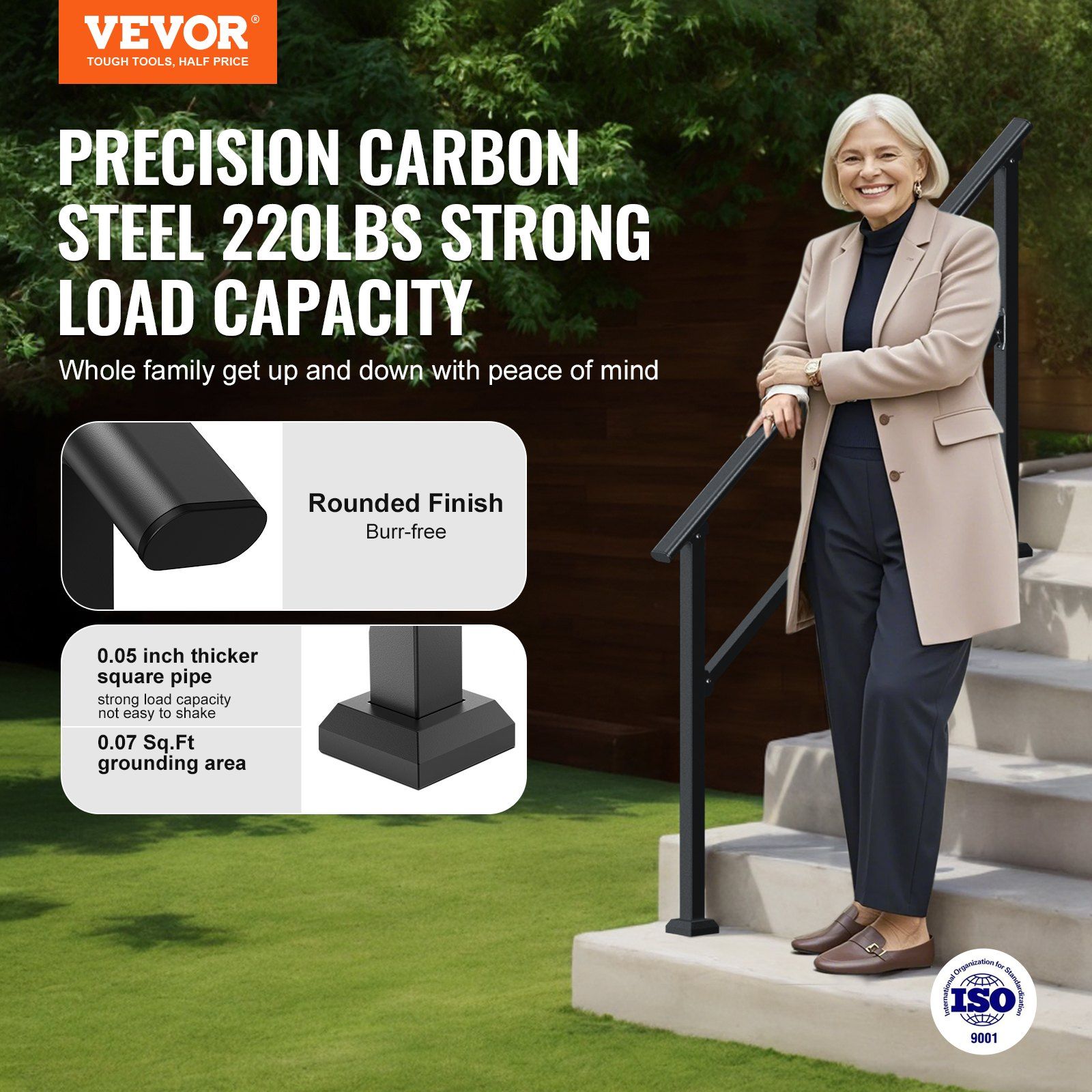 Handrails for Outdoor Steps, 4-5 Step Stair Hand Rail Kit, Transitional Carbon Steel Railings with Installation Kit, Stair Rails for Seniors, Concrete Steps & Porch & Deck, Black Square Tube - Image 2