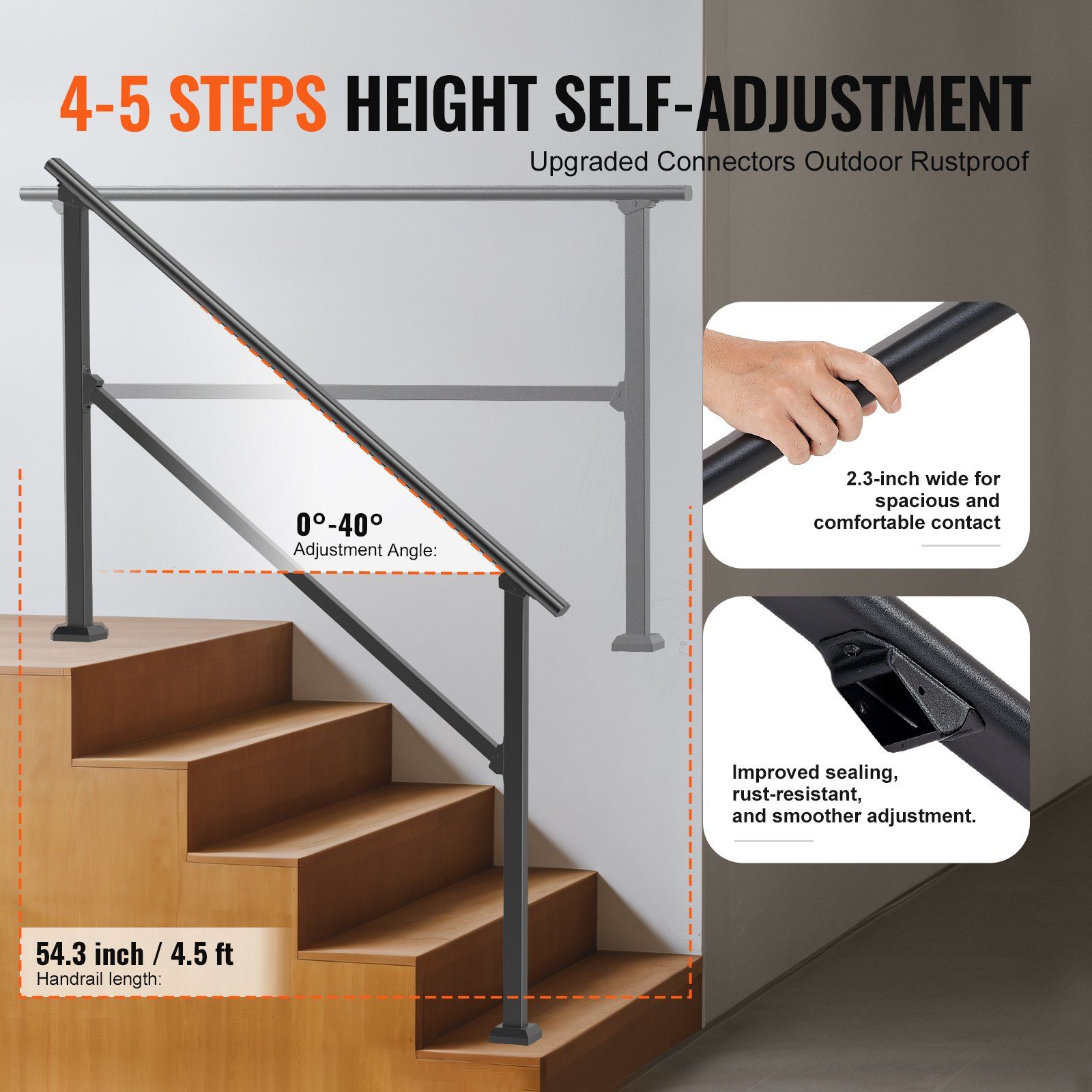 Handrails for Outdoor Steps, 4-5 Step Stair Hand Rail Kit, Transitional Carbon Steel Railings with Installation Kit, Stair Rails for Seniors, Concrete Steps & Porch & Deck, Black Square Tube - Image 3
